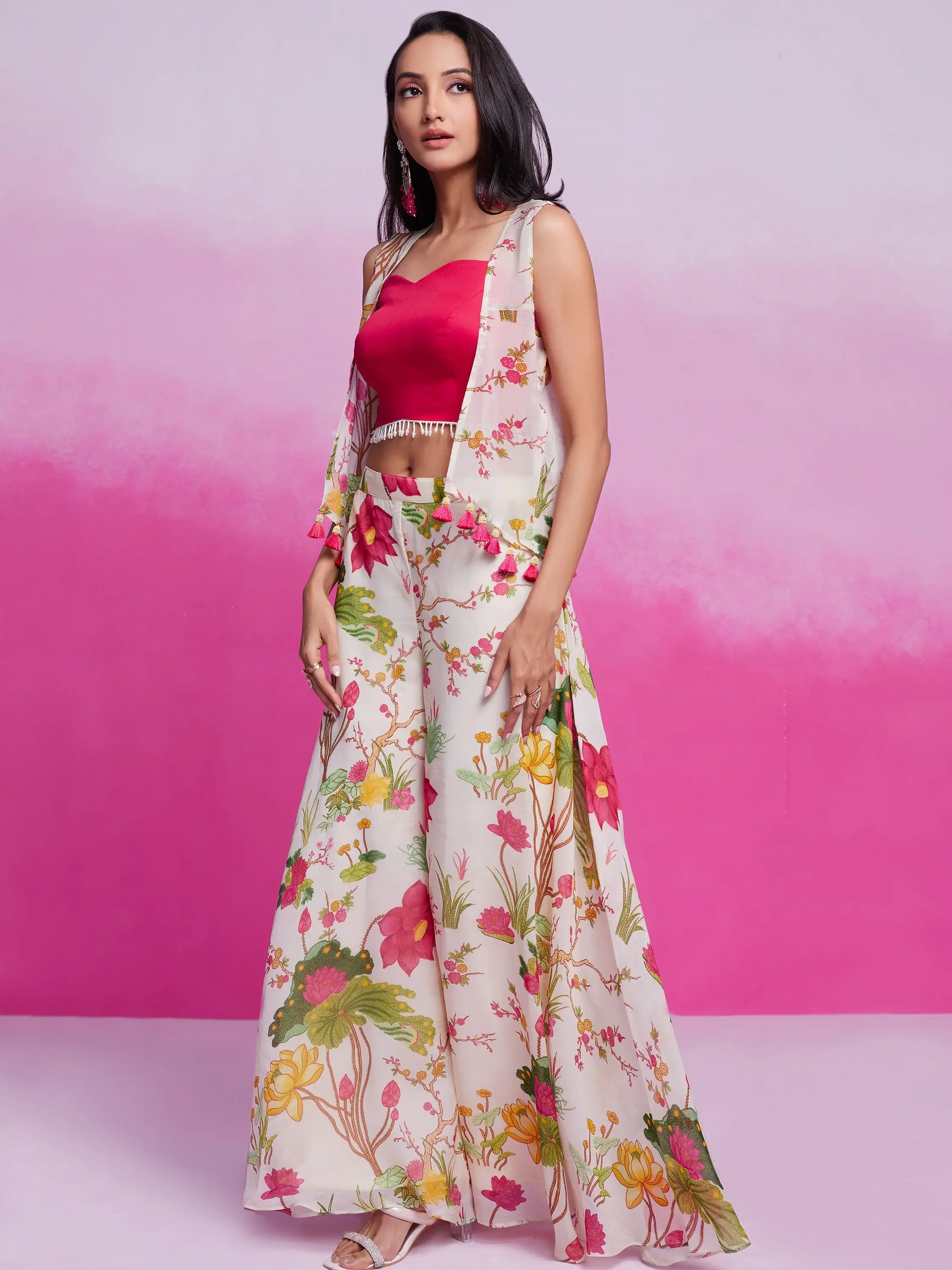 Wonderful Off-White Floral Printed Organza Silk Party Wear Co-Ord Set - Zeel Clothing