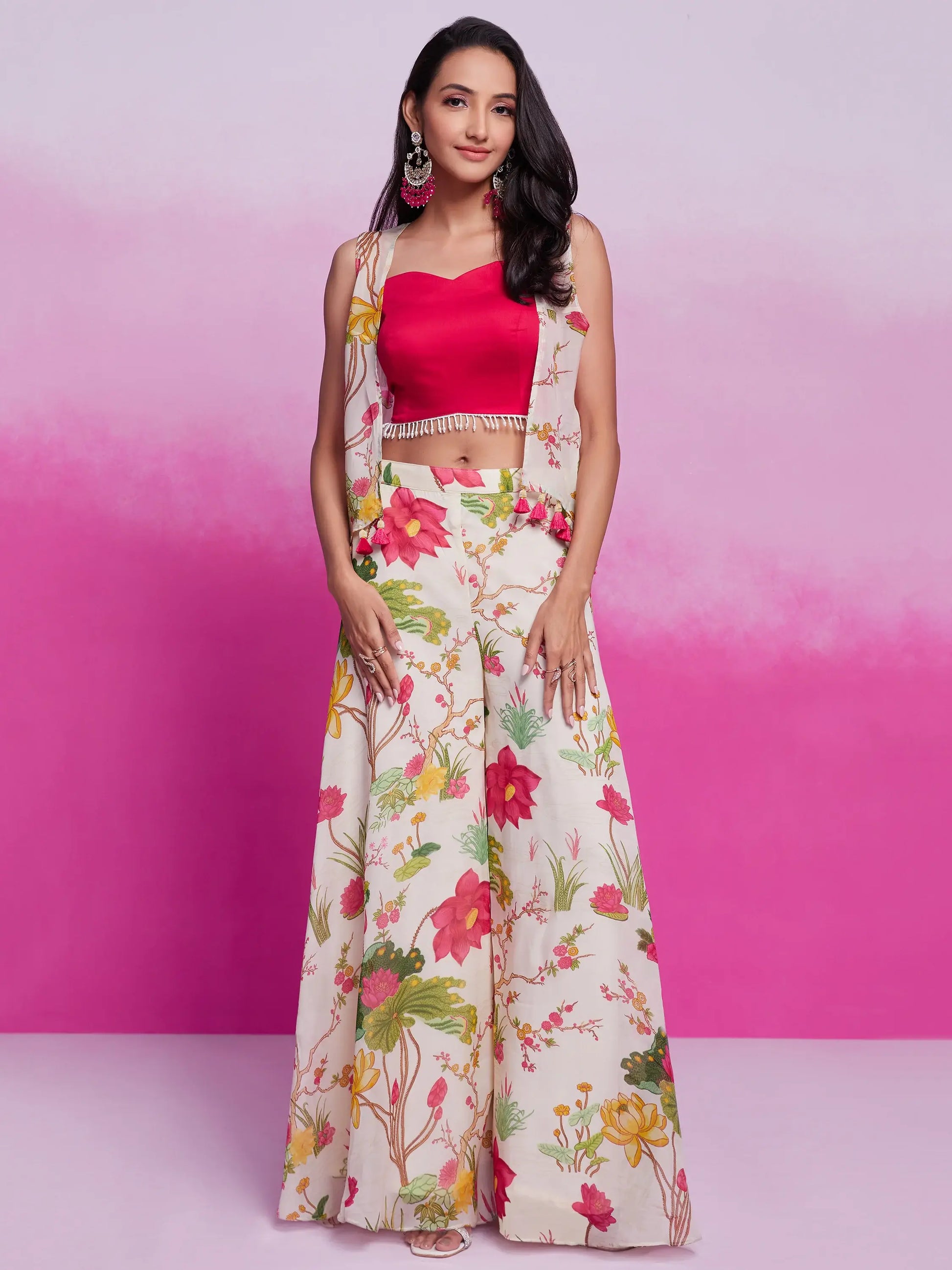 Wonderful Off-White Floral Printed Organza Silk Party Wear Co-Ord Set - Zeel Clothing