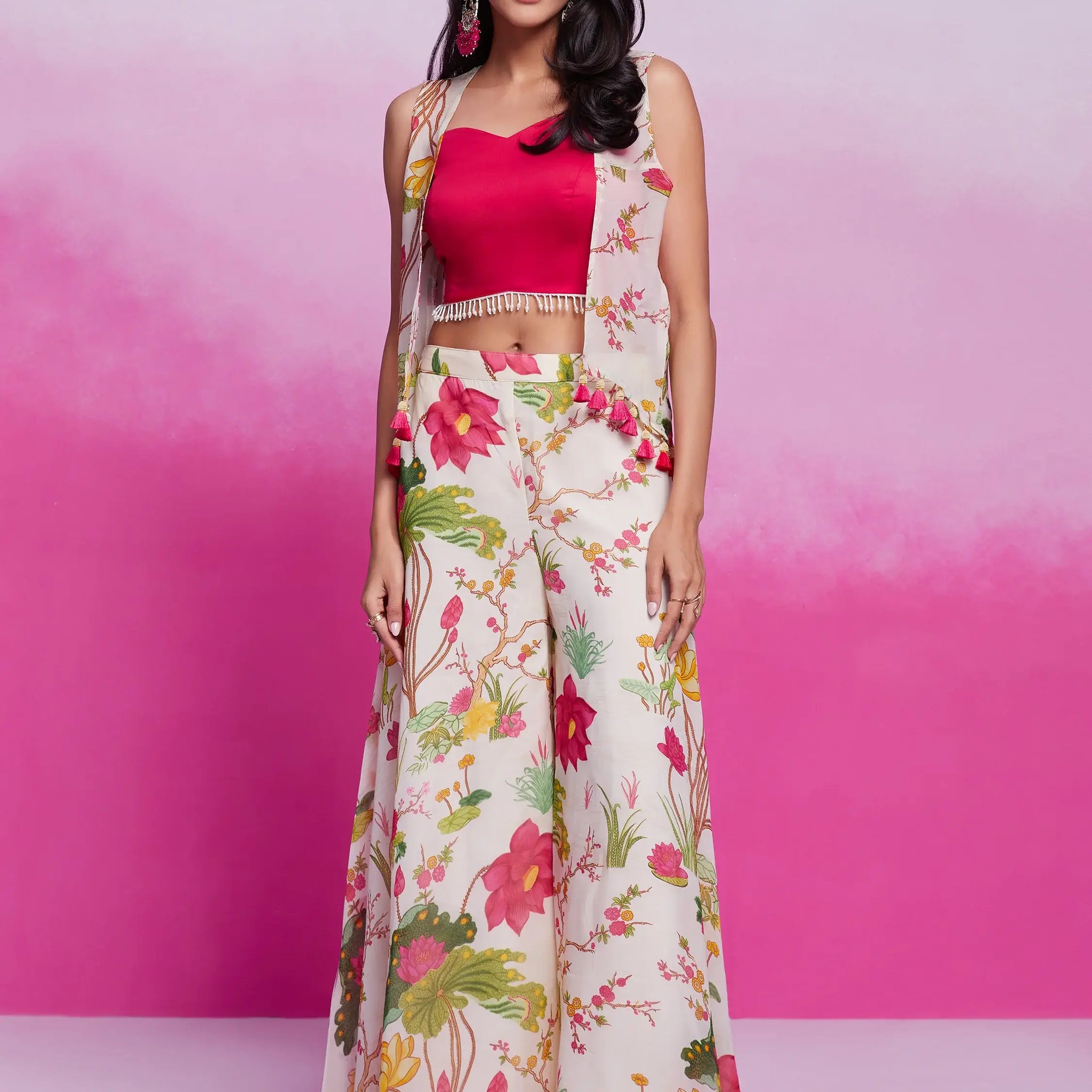 Wonderful Off-White Floral Printed Organza Silk Party Wear Co-Ord Set - Zeel Clothing