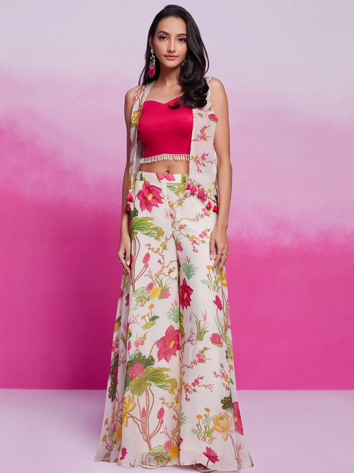 Wonderful Off-White Floral Printed Organza Silk Party Wear Co-Ord Set - Zeel Clothing