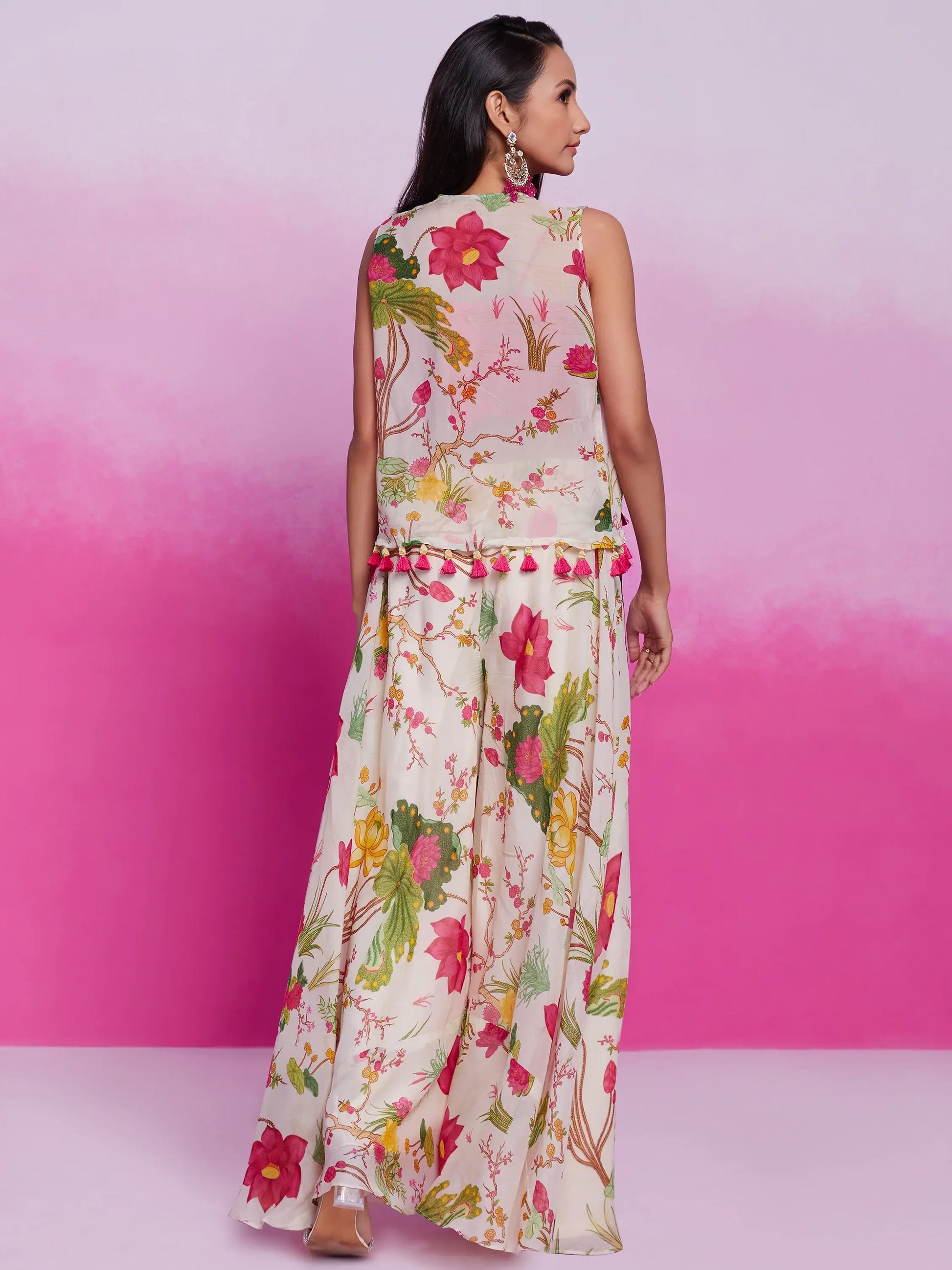 Wonderful Off-White Floral Printed Organza Silk Party Wear Co-Ord Set - Zeel Clothing