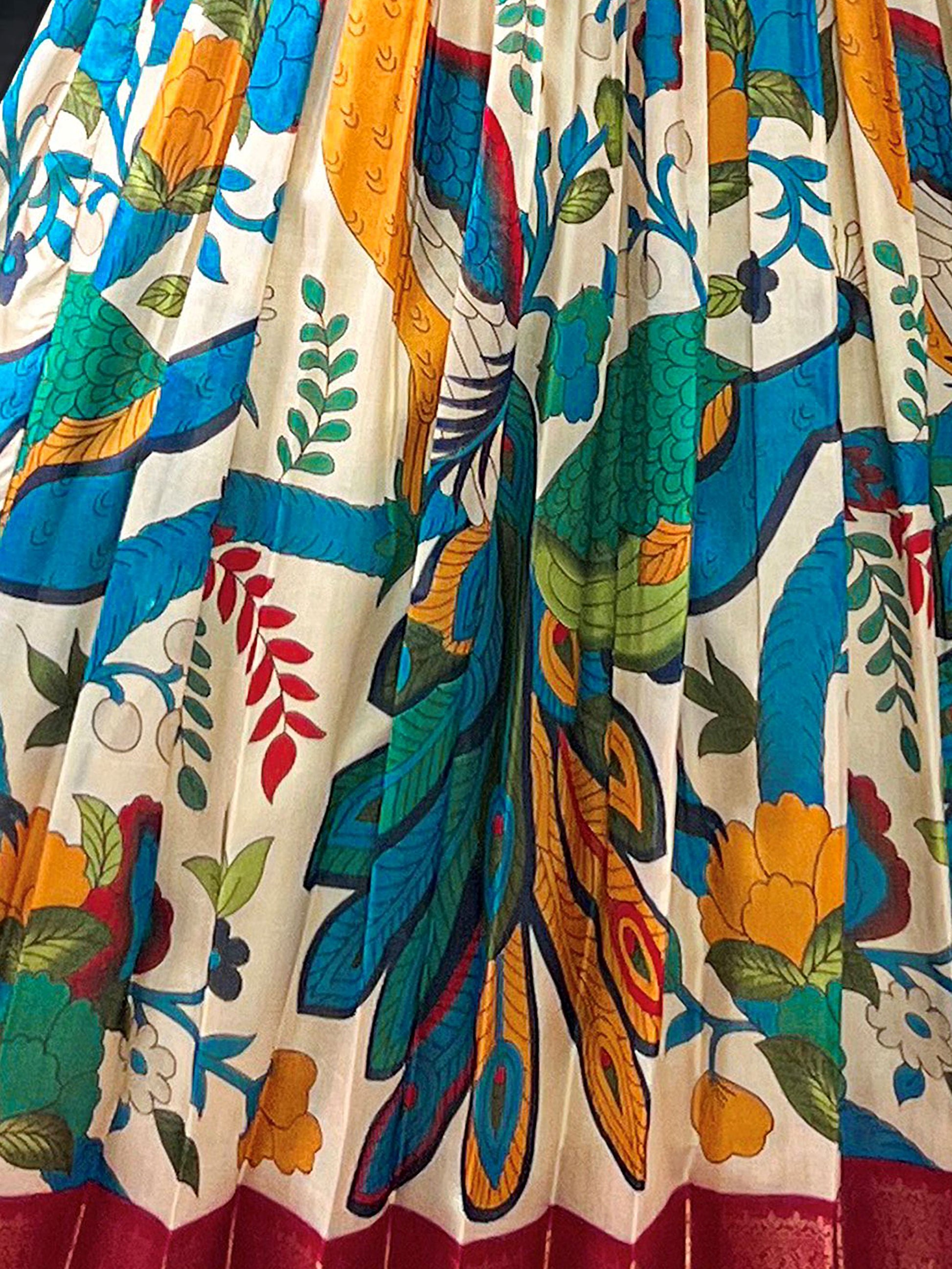 Wonderful Off-White Kalamkari Print Tussar Silk Designer Gown With Jacket