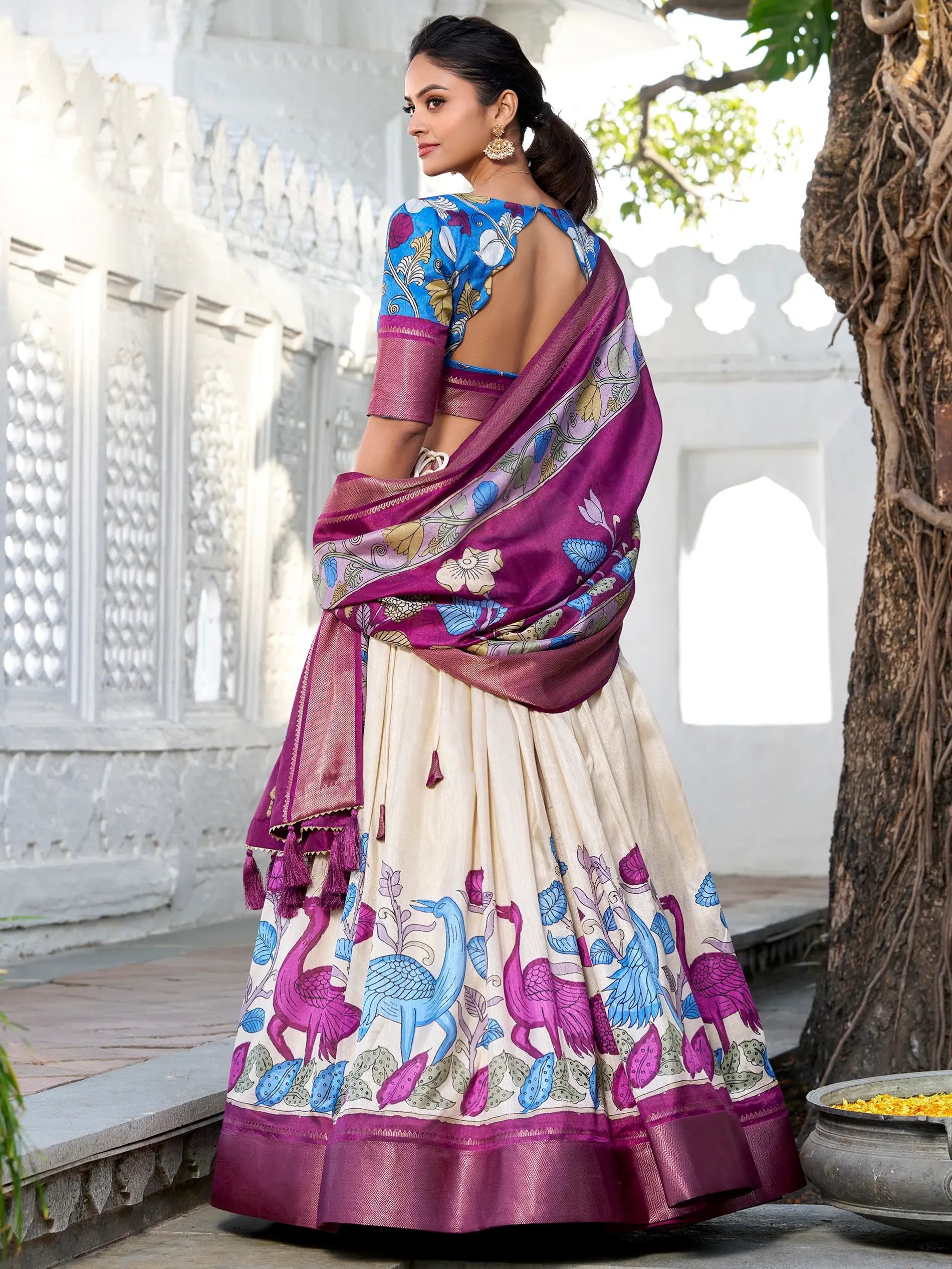 Wonderful Off-White Kalamkari Printed Silk Navratri Wear Lehenga Choli - Zeel Clothing