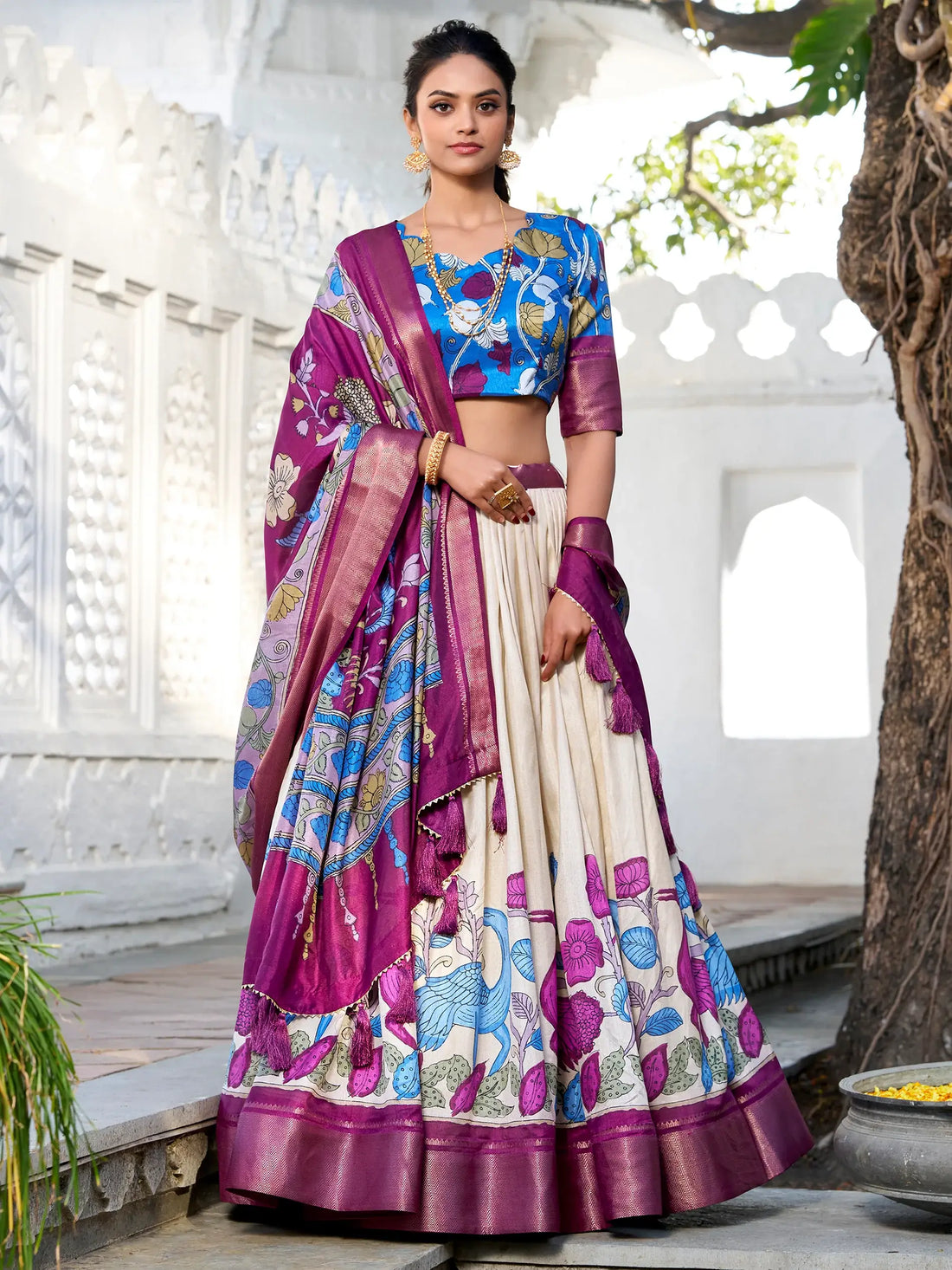 Wonderful Off-White Kalamkari Printed Silk Navratri Wear Lehenga Choli - Zeel Clothing