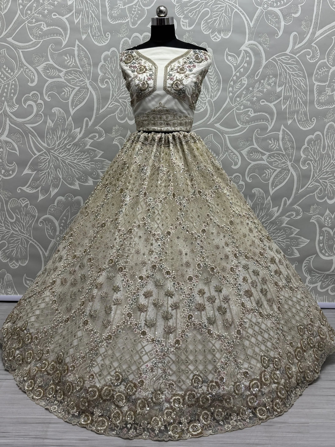 Wonderful Off-White Zirkon Work Net Bridesmaid Lehenga Choli With Dupatta - Zeel Clothing