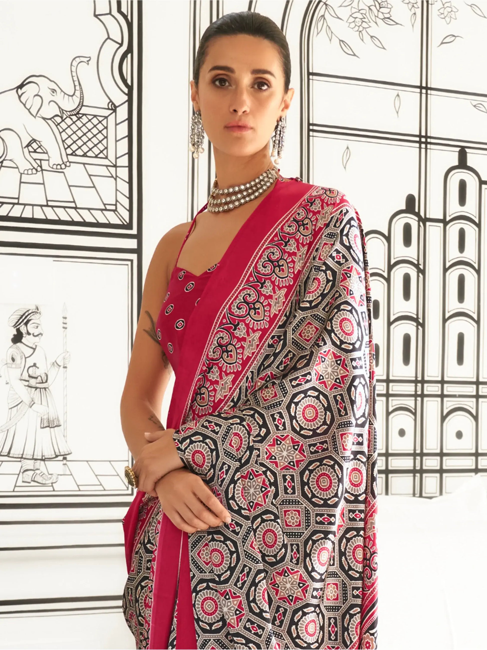 Wonderful Olive Green Printed Satin Traditional Saree With Blouse - Zeel Clothing