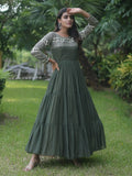 Wonderful Olive Green Sequins Georgette Mehendi Wear Gown - Zeel Clothing