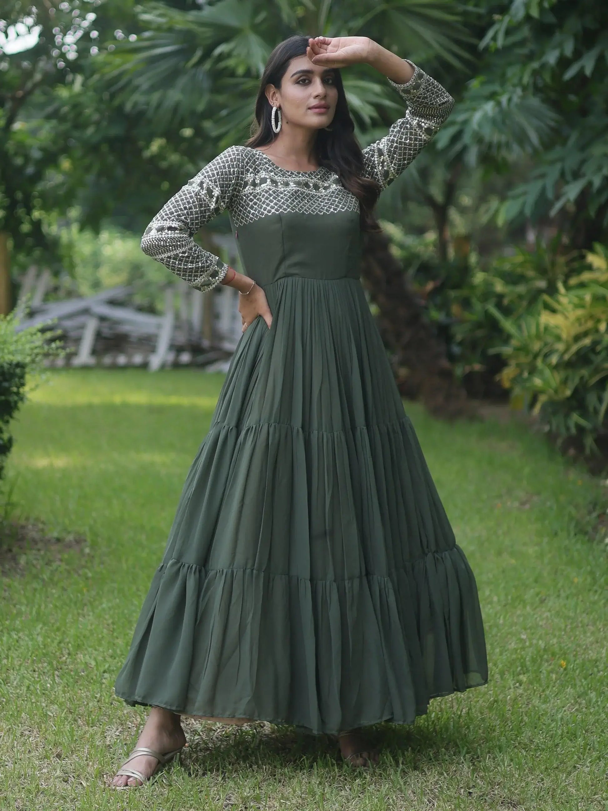 Wonderful Olive Green Sequins Georgette Mehendi Wear Gown - Zeel Clothing