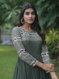 Wonderful Olive Green Sequins Georgette Mehendi Wear Gown - Zeel Clothing