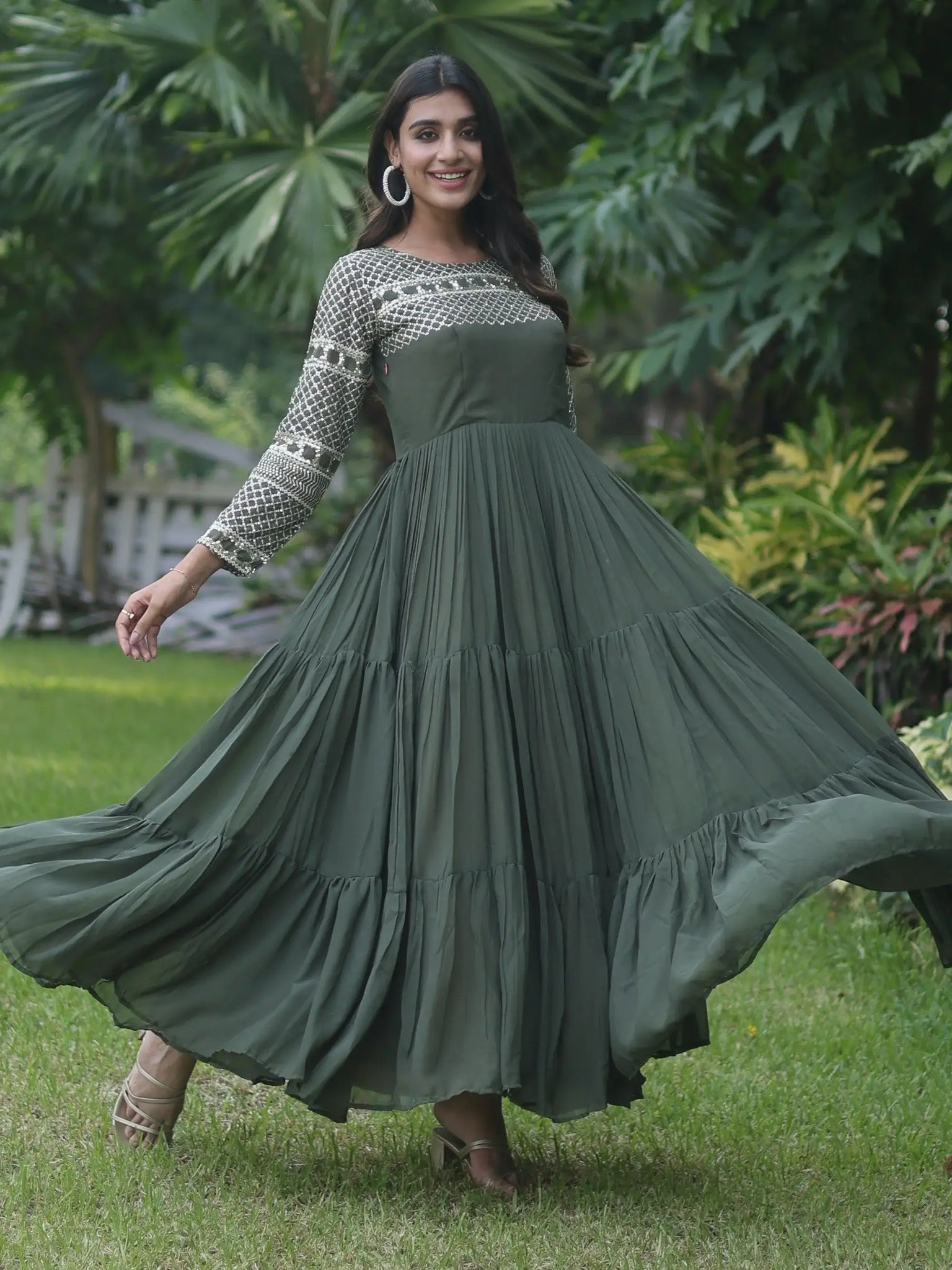 Wonderful Olive Green Sequins Georgette Mehendi Wear Gown - Zeel Clothing
