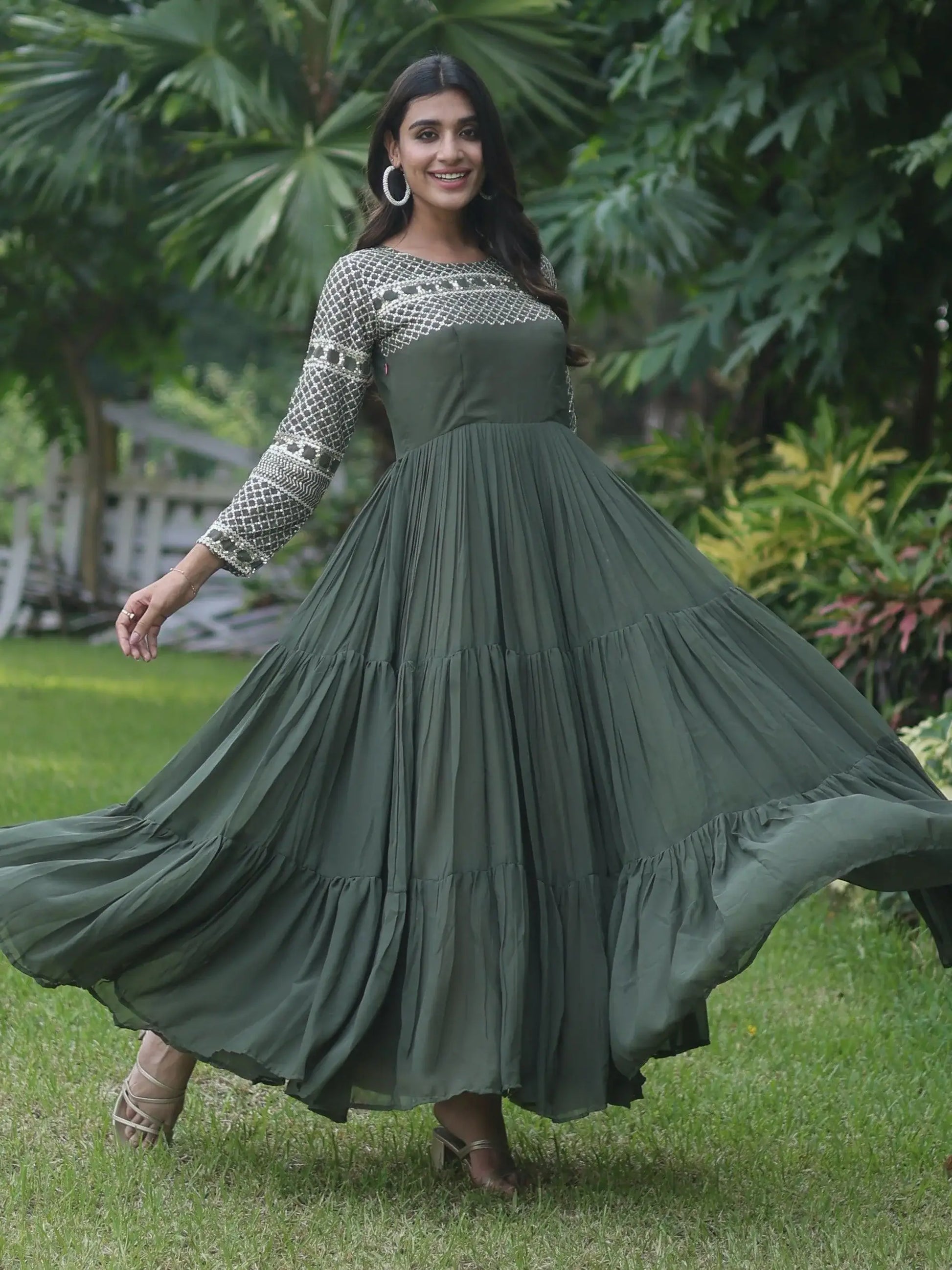 Wonderful Olive Green Sequins Georgette Mehendi Wear Gown - Zeel Clothing