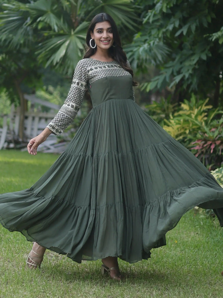 Wonderful Olive Green Sequins Georgette Mehendi Wear Gown - Zeel Clothing