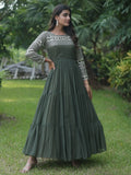Wonderful Olive Green Sequins Georgette Mehendi Wear Gown - Zeel Clothing