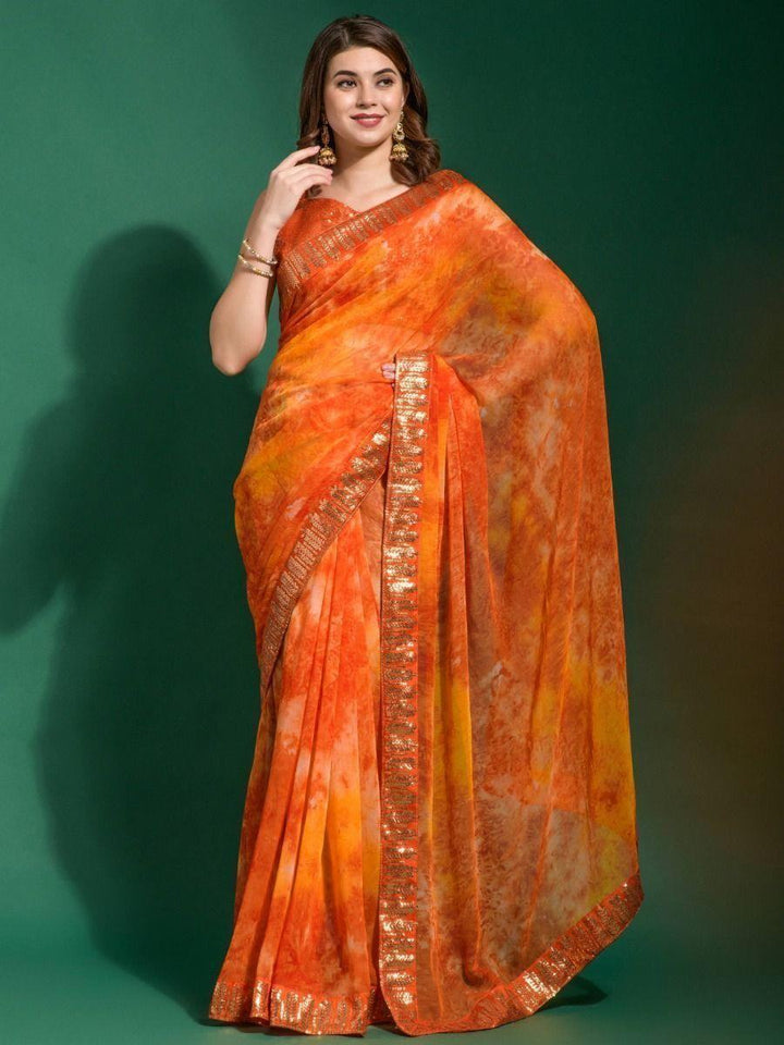Wonderful Orange Digital Printed Chiffon Party Wear Saree With Blouse