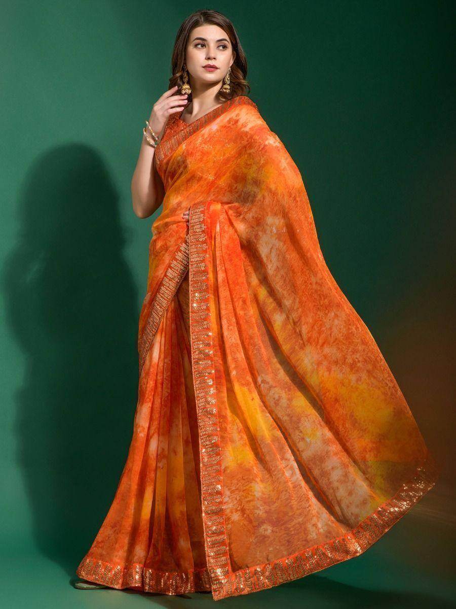 Wonderful Orange Digital Printed Chiffon Party Wear Saree With Blouse - Zeel Clothing