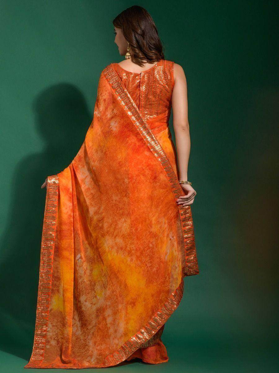 Wonderful Orange Digital Printed Chiffon Party Wear Saree With Blouse - Zeel Clothing