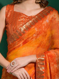 Wonderful Orange Digital Printed Chiffon Party Wear Saree With Blouse - Zeel Clothing