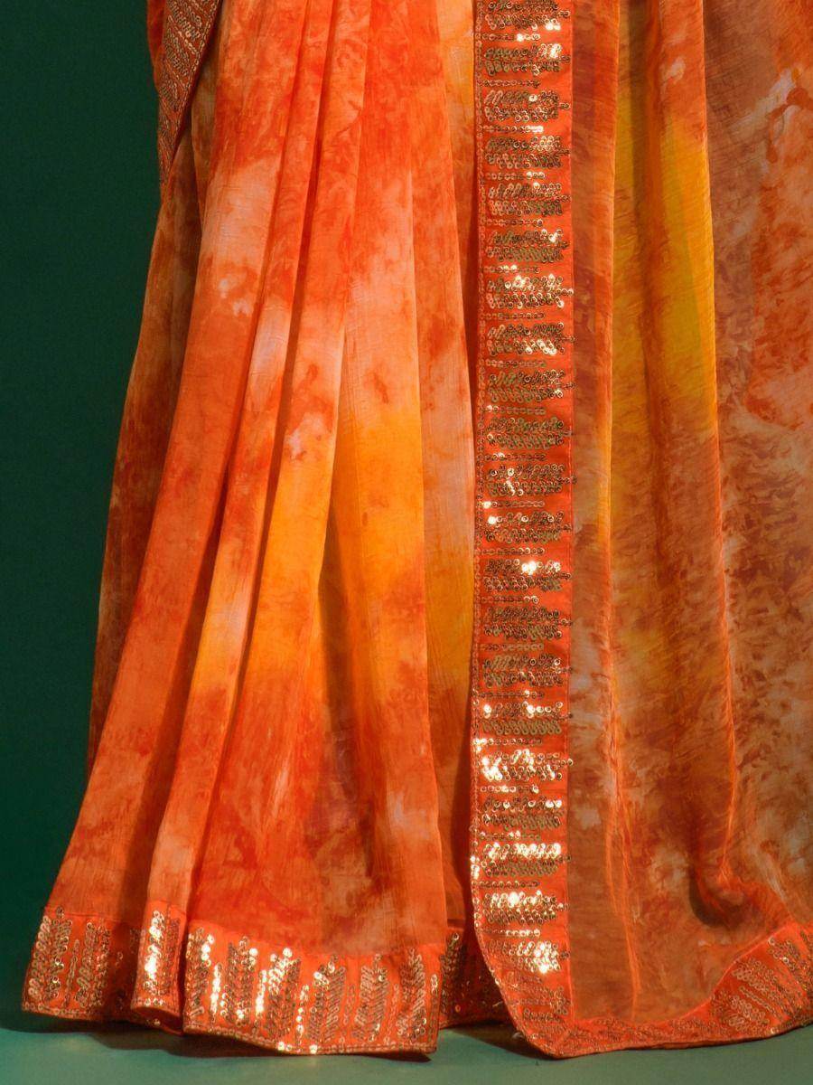 Wonderful Orange Digital Printed Chiffon Party Wear Saree With Blouse - Zeel Clothing