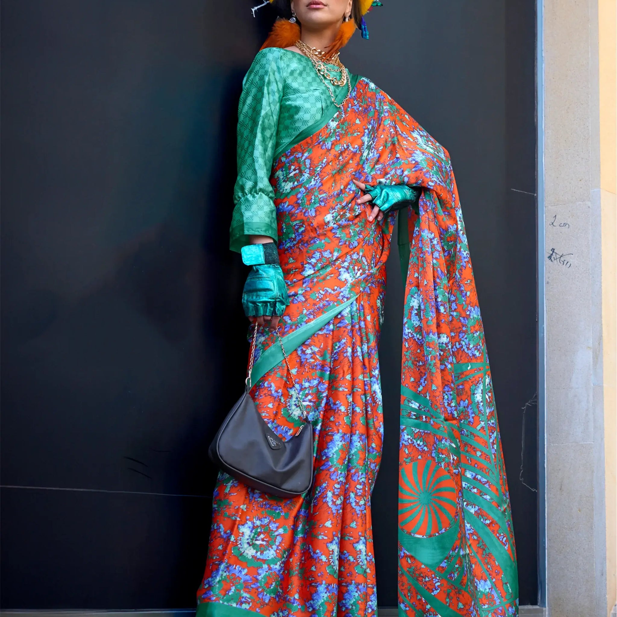 Wonderful Orange Printed Satin Festival Wear Saree With Blouse - Zeel Clothing