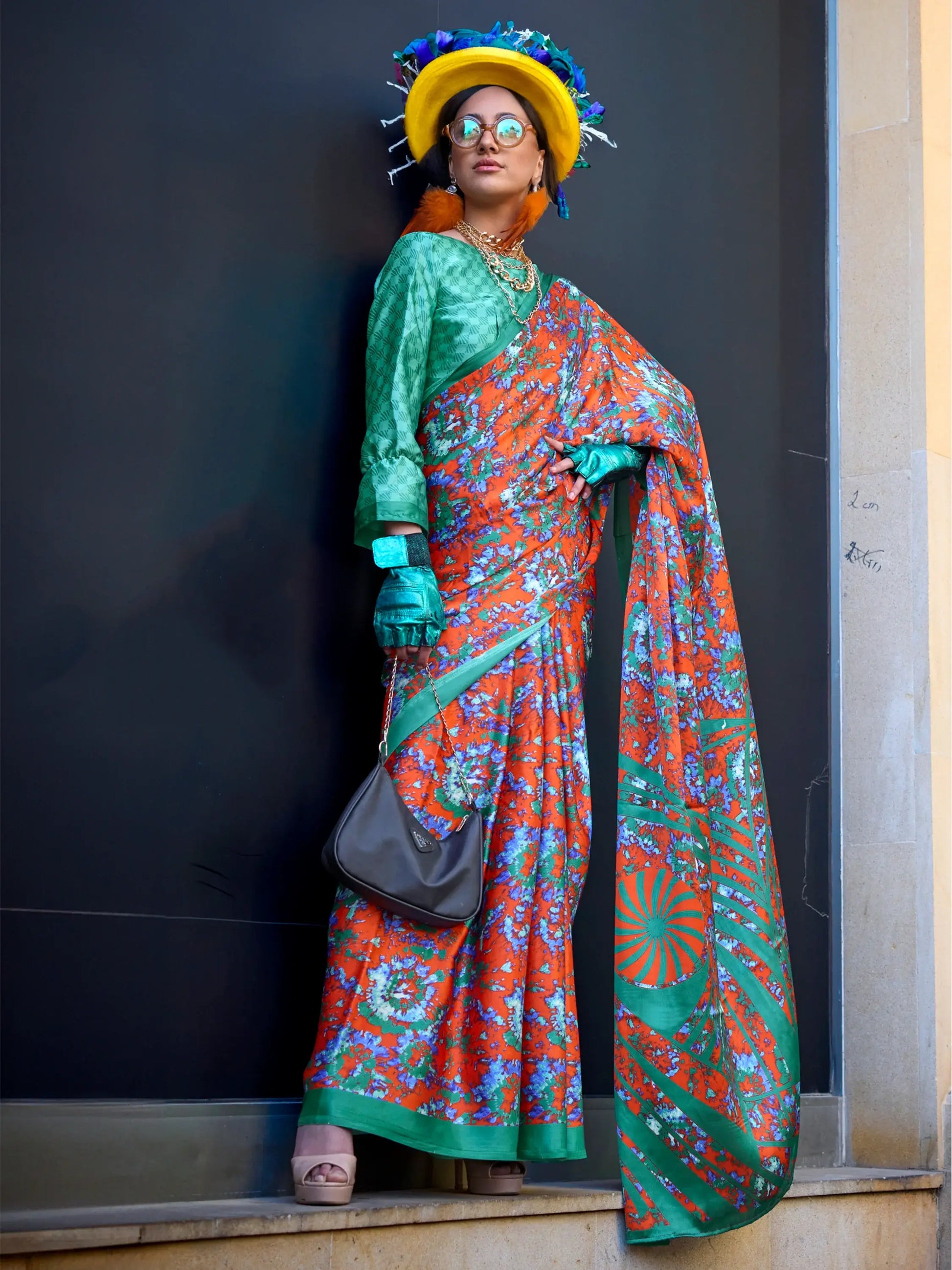 Wonderful Orange Printed Satin Festival Wear Saree With Blouse - Zeel Clothing