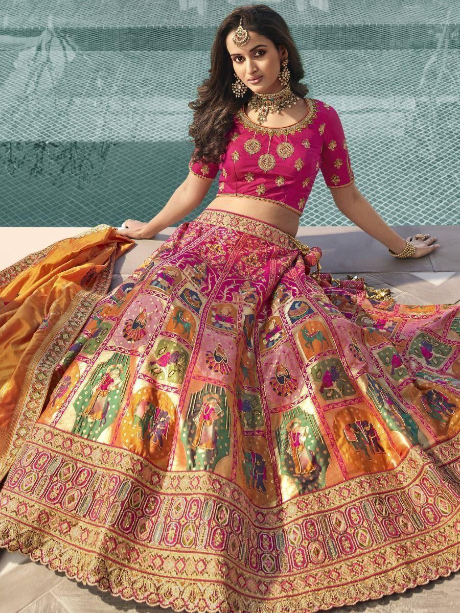 Wonderful Orange-Rani Embroidered Banarasi Silk Wedding Lehenga Choli - Zeel Clothing