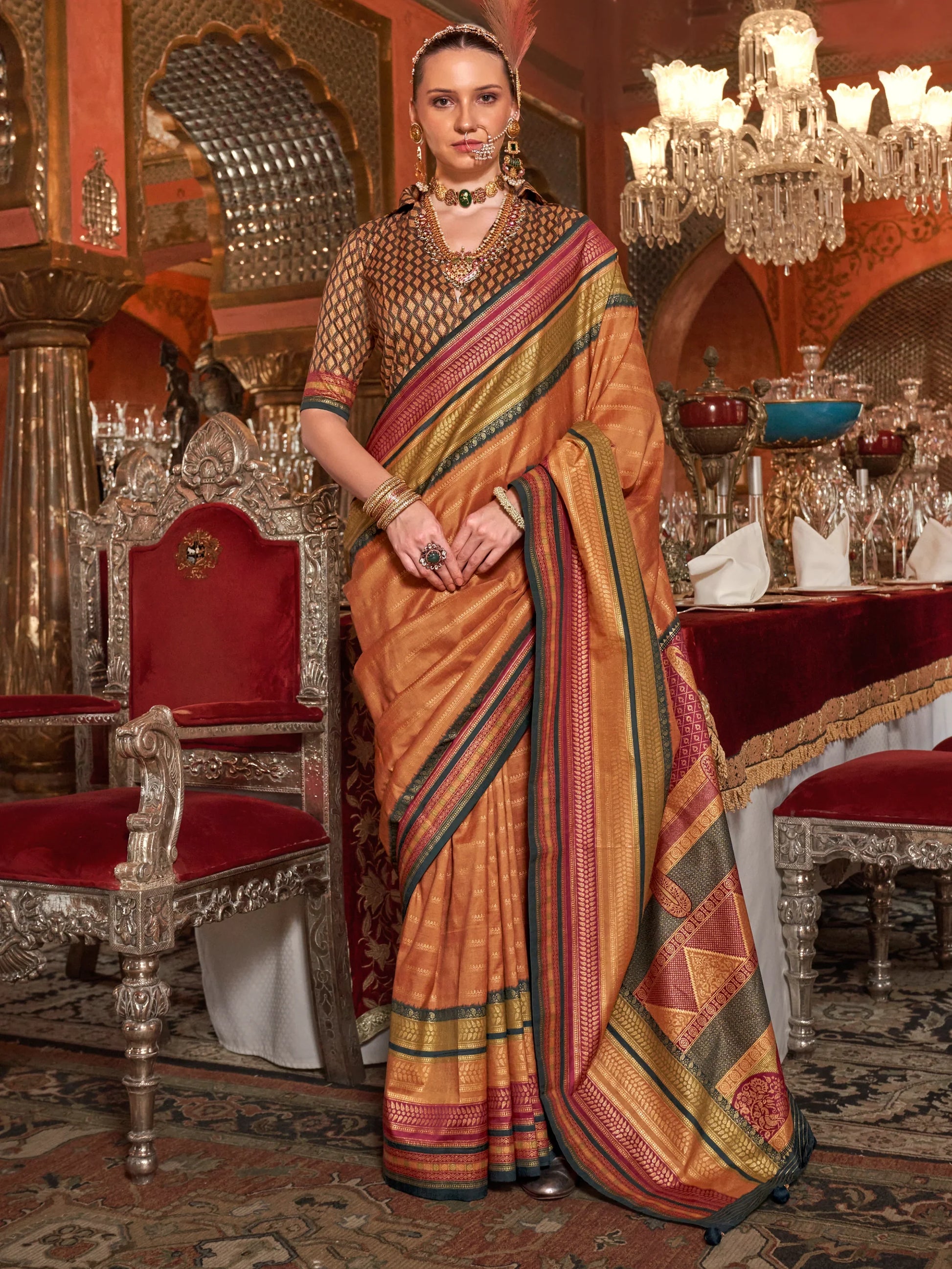 Wonderful Orange Zari Weaving Silk Event Wear Saree With Blouse - Zeel Clothing