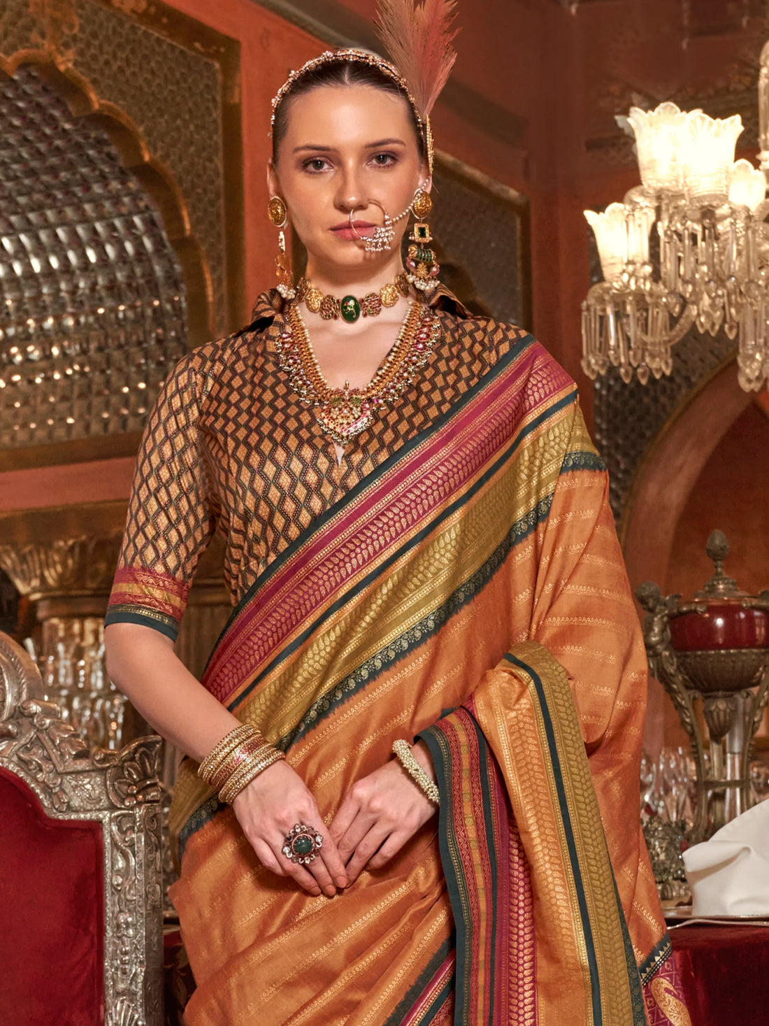 Wonderful Orange Zari Weaving Silk Event Wear Saree With Blouse - Zeel Clothing