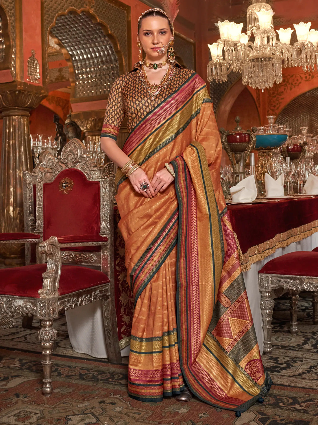 Wonderful Orange Zari Weaving Silk Event Wear Saree With Blouse - Zeel Clothing