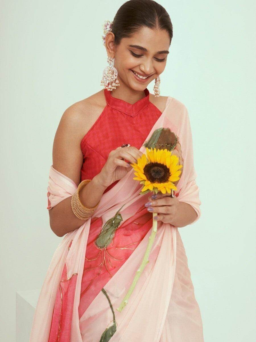 Wonderful Peach Floral Print Georgette Events Wear Saree With Blouse - Zeel Clothing