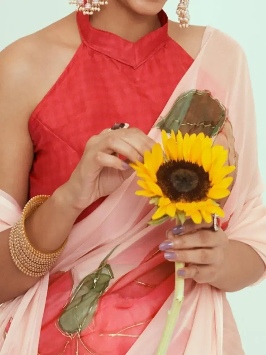 Wonderful Peach Floral Print Georgette Events Wear Saree With Blouse - Zeel Clothing