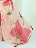 Wonderful Peach Floral Print Georgette Events Wear Saree With Blouse - Zeel Clothing