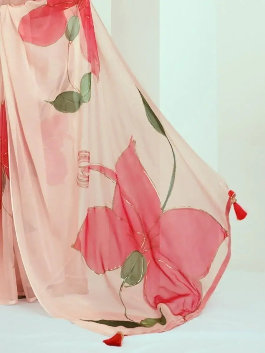 Wonderful Peach Floral Print Georgette Events Wear Saree With Blouse - Zeel Clothing