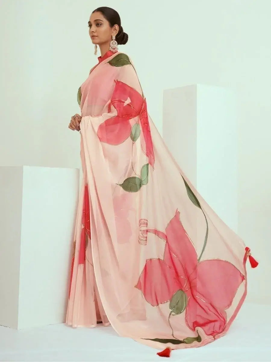 Wonderful Peach Floral Print Georgette Events Wear Saree With Blouse - Zeel Clothing