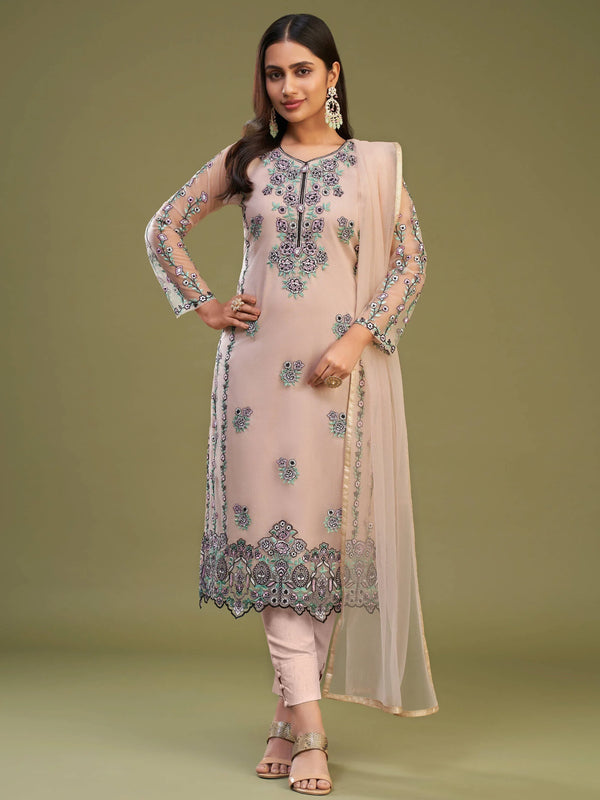 Wonderful Peach Net Embroidered Festive Wear Salwar Suit With Dupatta - Zeel Clothing
