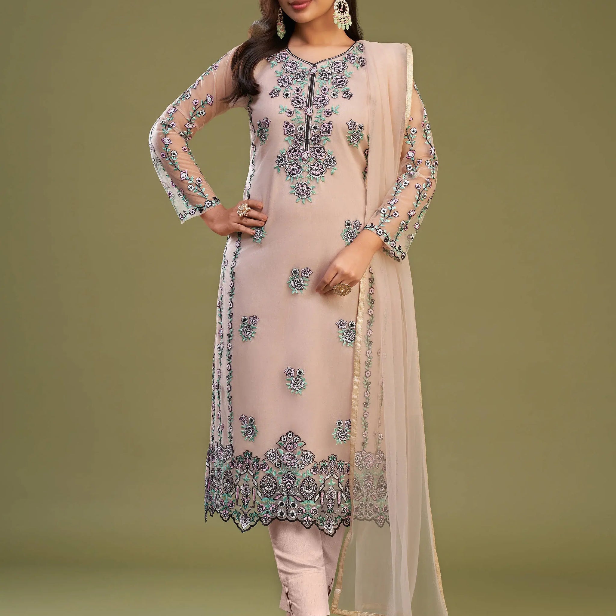 Wonderful Peach Net Embroidered Festive Wear Salwar Suit With Dupatta - Zeel Clothing