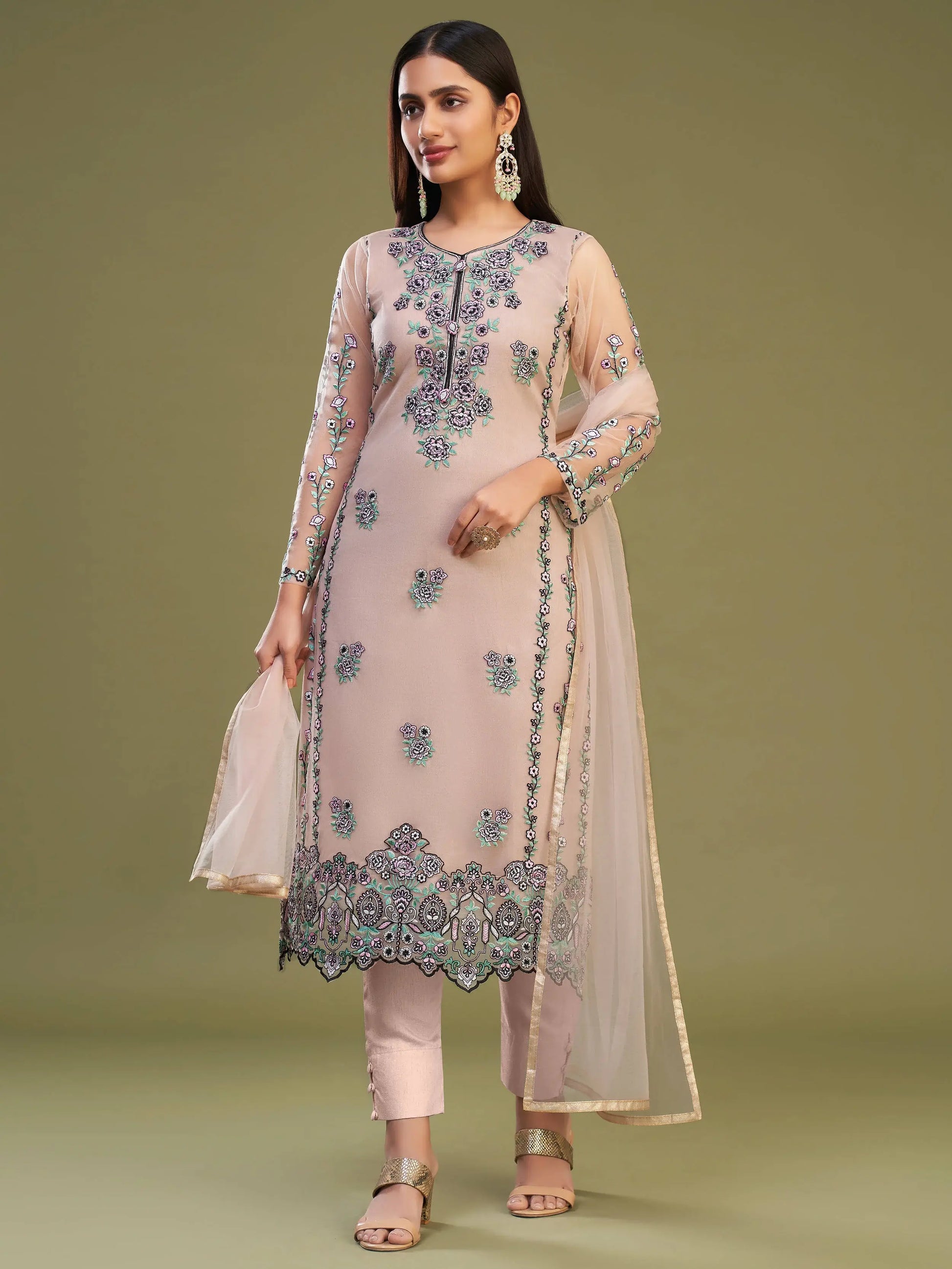 Wonderful Peach Net Embroidered Festive Wear Salwar Suit With Dupatta - Zeel Clothing