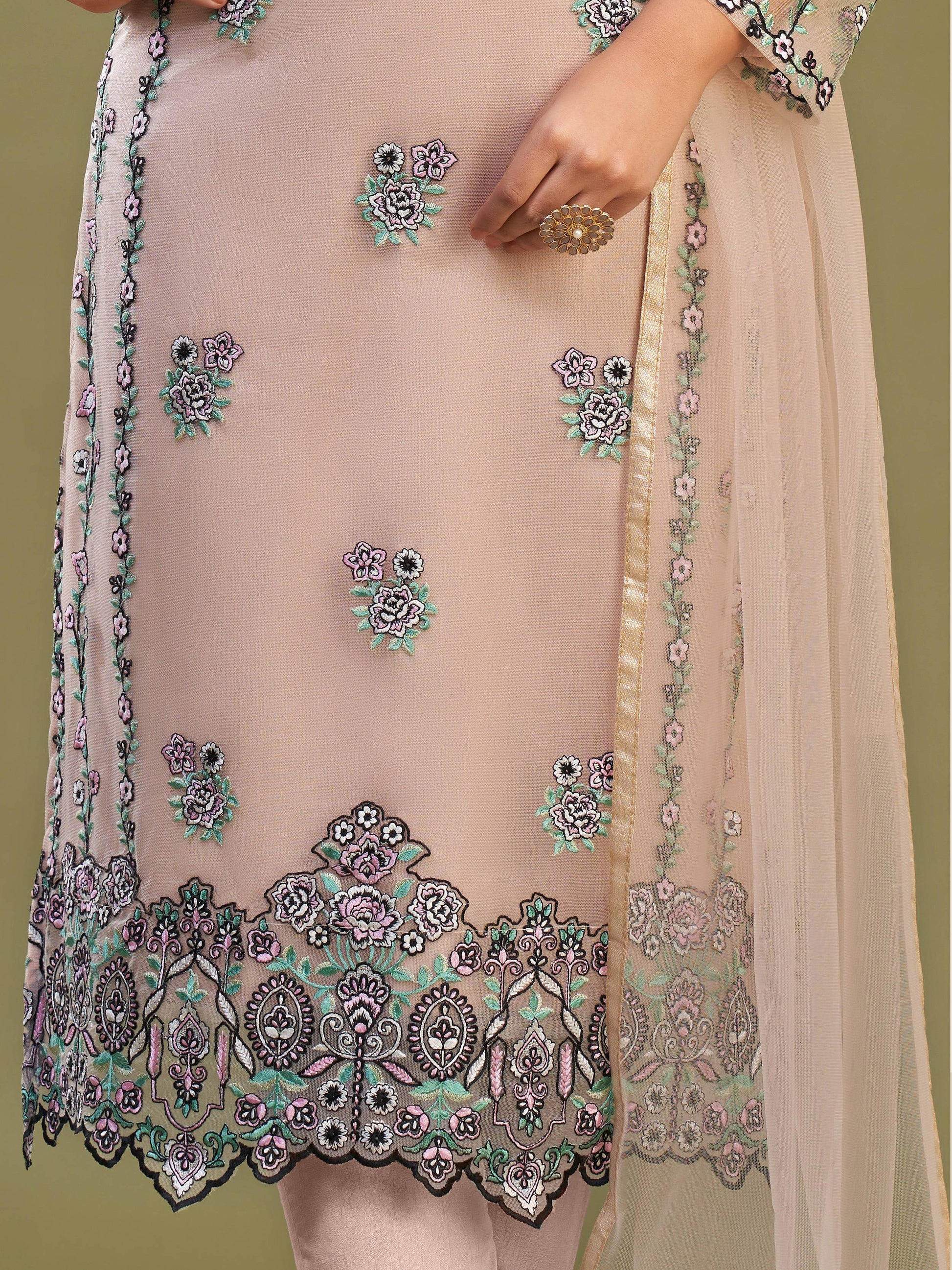 Wonderful Peach Net Embroidered Festive Wear Salwar Suit With Dupatta - Zeel Clothing
