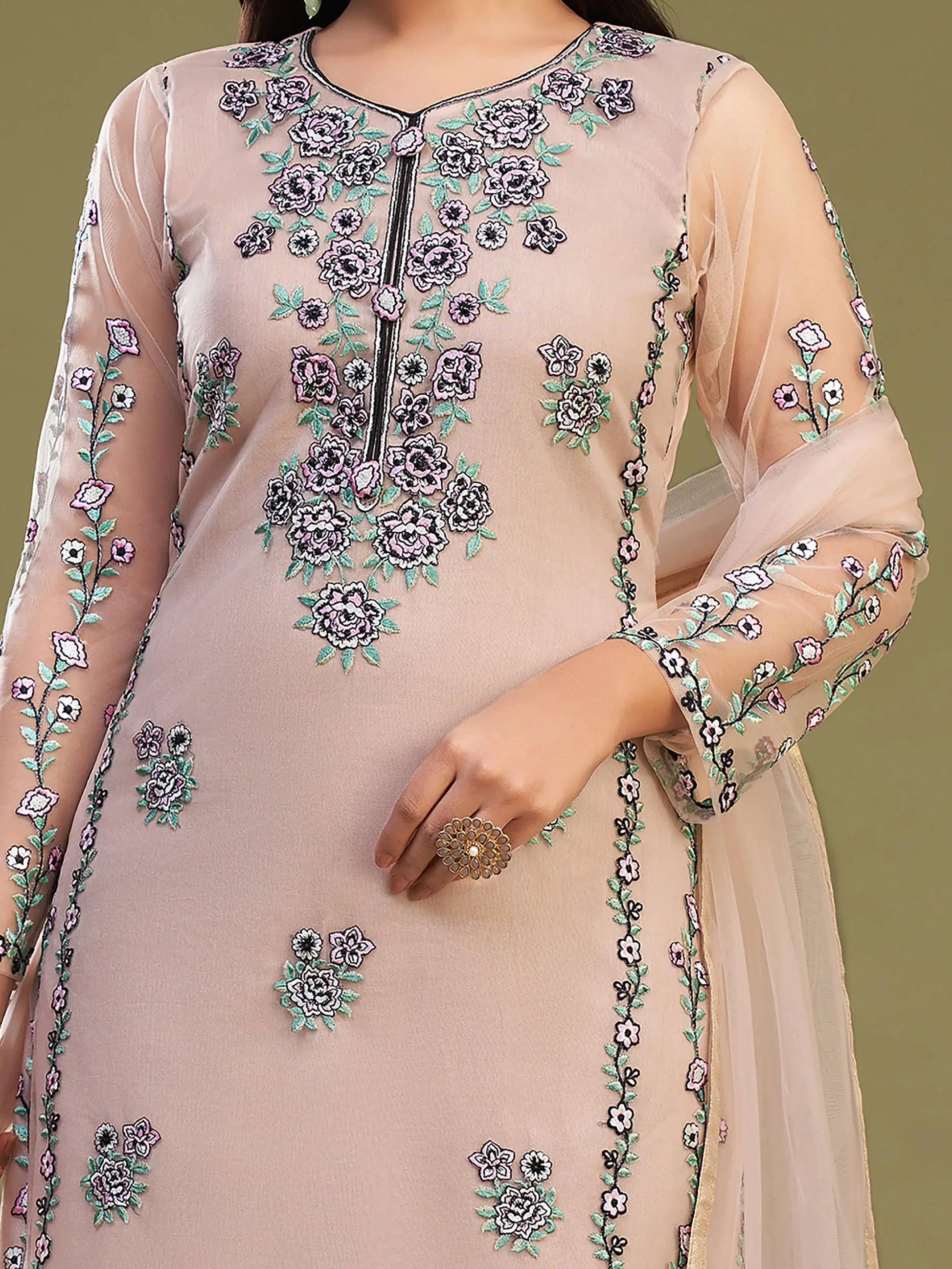 Wonderful Peach Net Embroidered Festive Wear Salwar Suit With Dupatta - Zeel Clothing
