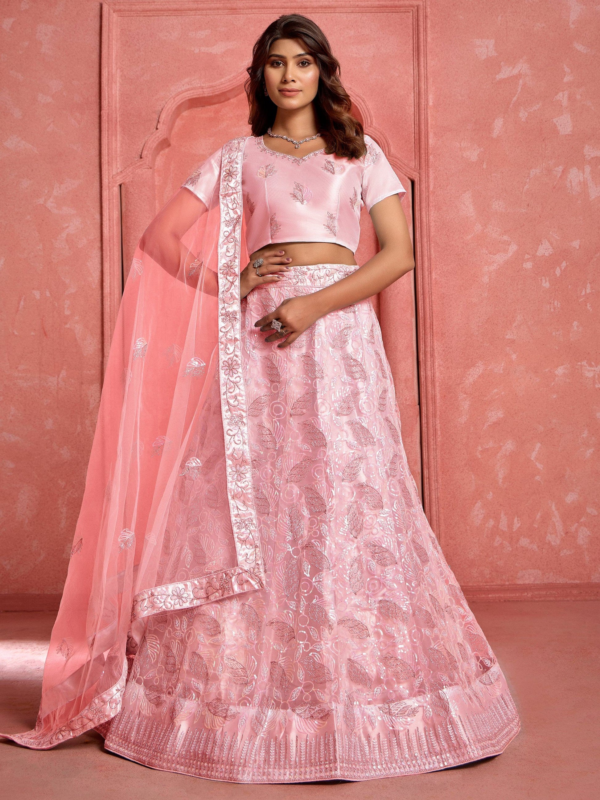 Wonderful Peach Sequins Net Bridesmaid Lehenga Choli With Dupatta - Zeel Clothing