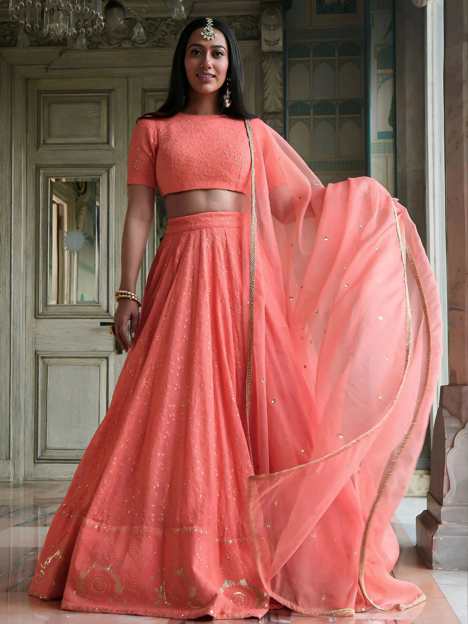 Wonderful Peach Thread Work Georgette Wedding Wear Lehenga Choli
