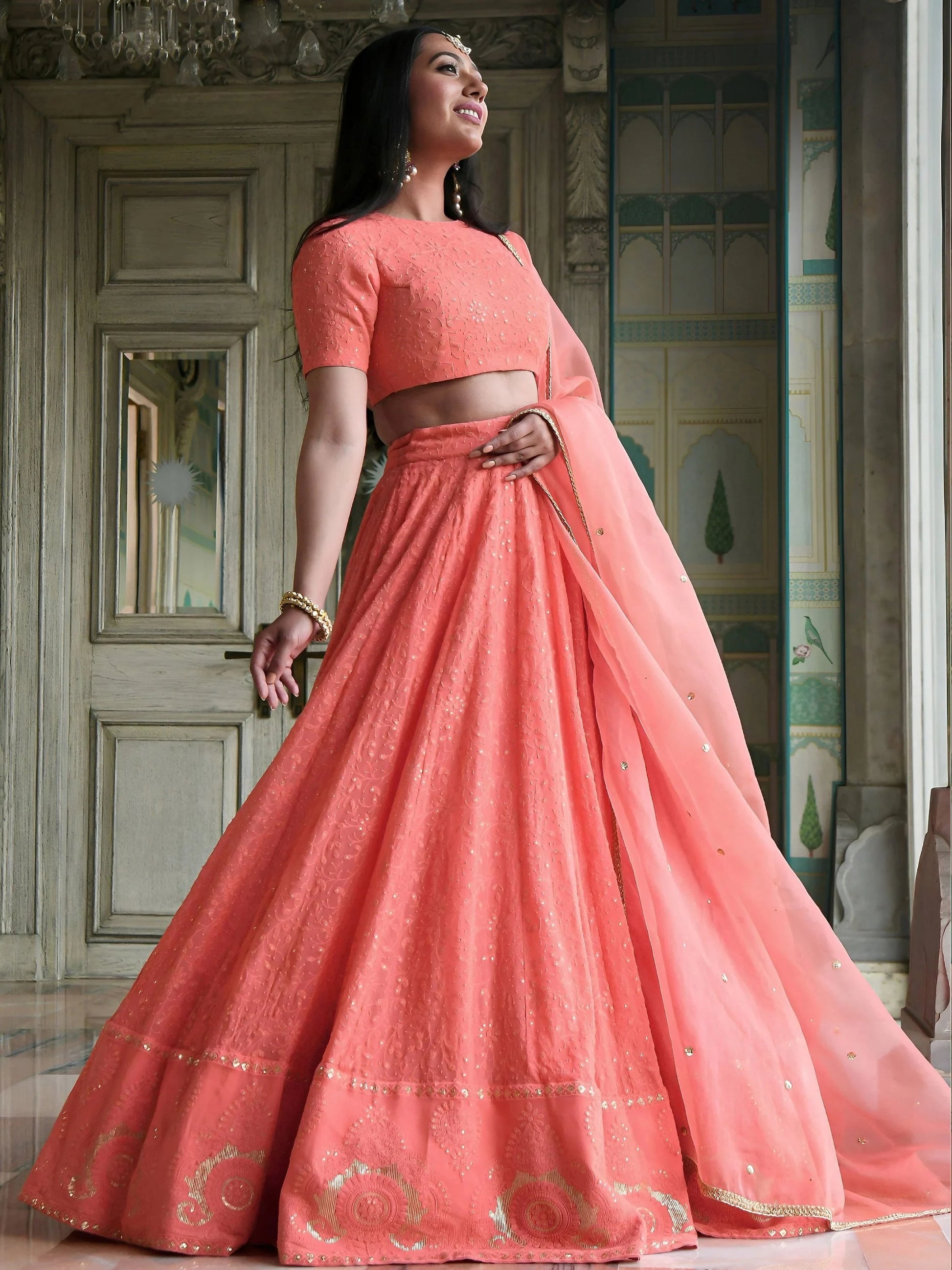 Wonderful Peach Thread Work Georgette Wedding Wear Lehenga Choli