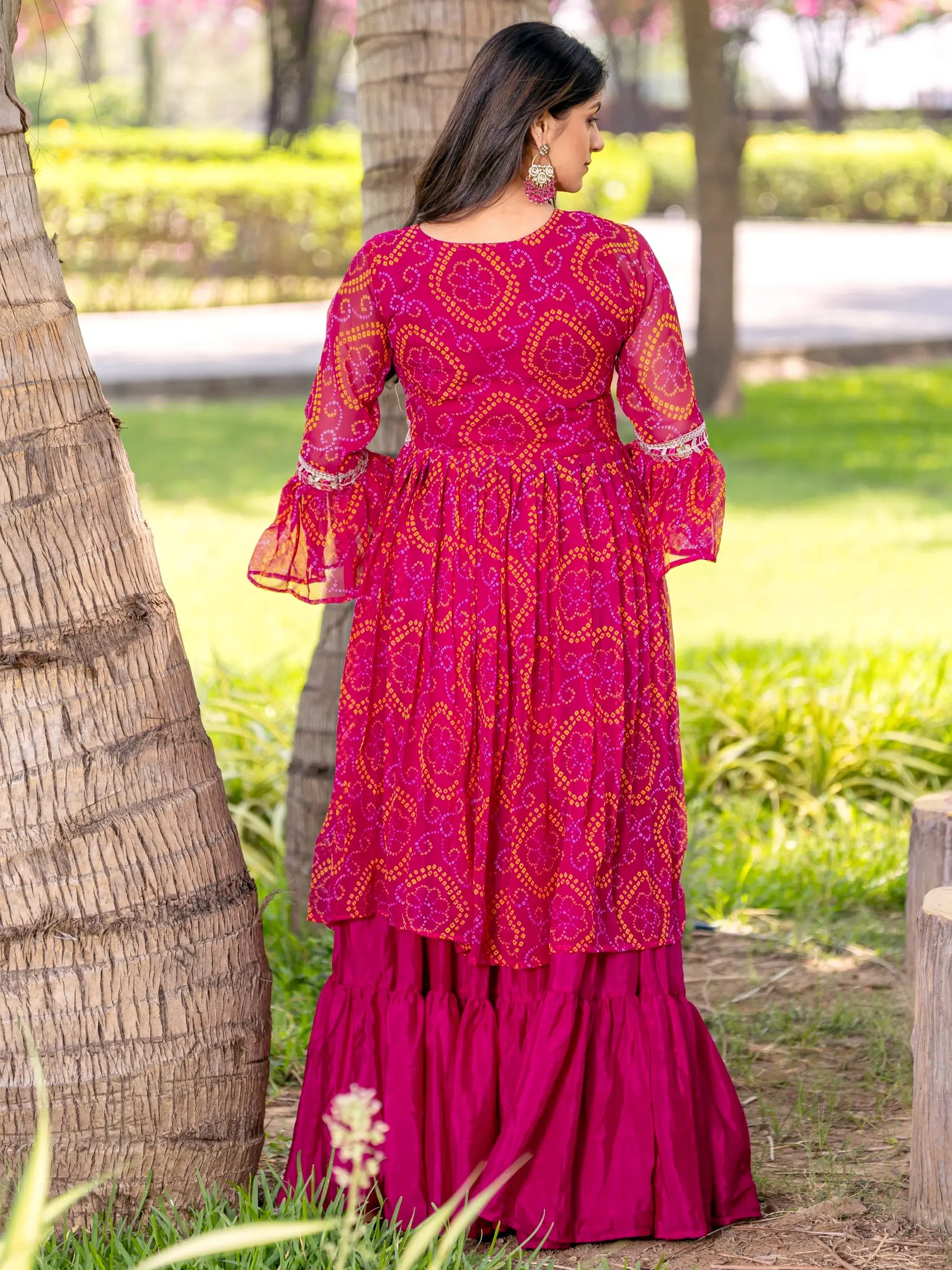 Wonderful Pink Bandhni Print Georgette Traditional Lehenga With Long Top - Zeel Clothing