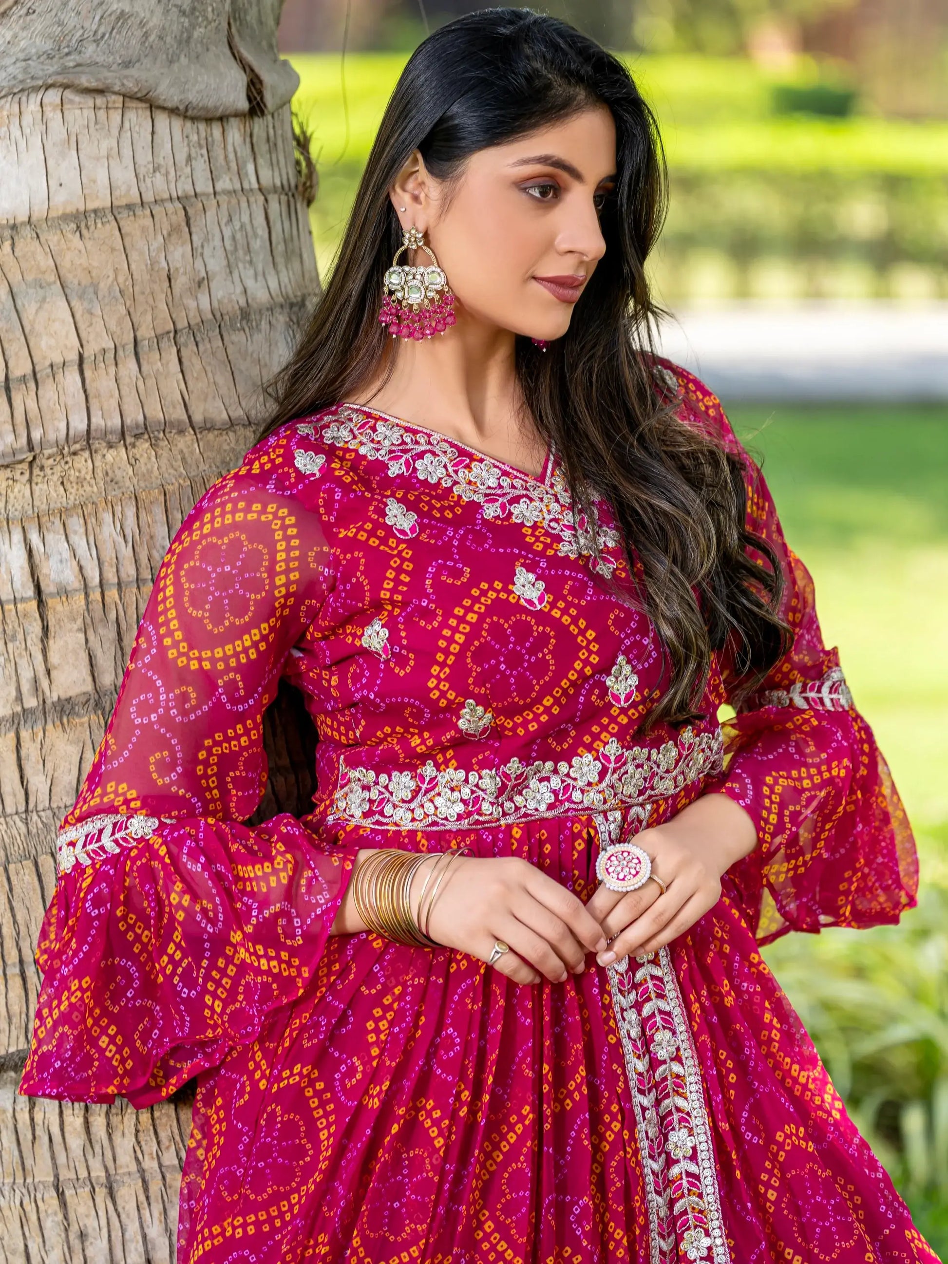 Wonderful Pink Bandhni Print Georgette Traditional Lehenga With Long Top - Zeel Clothing