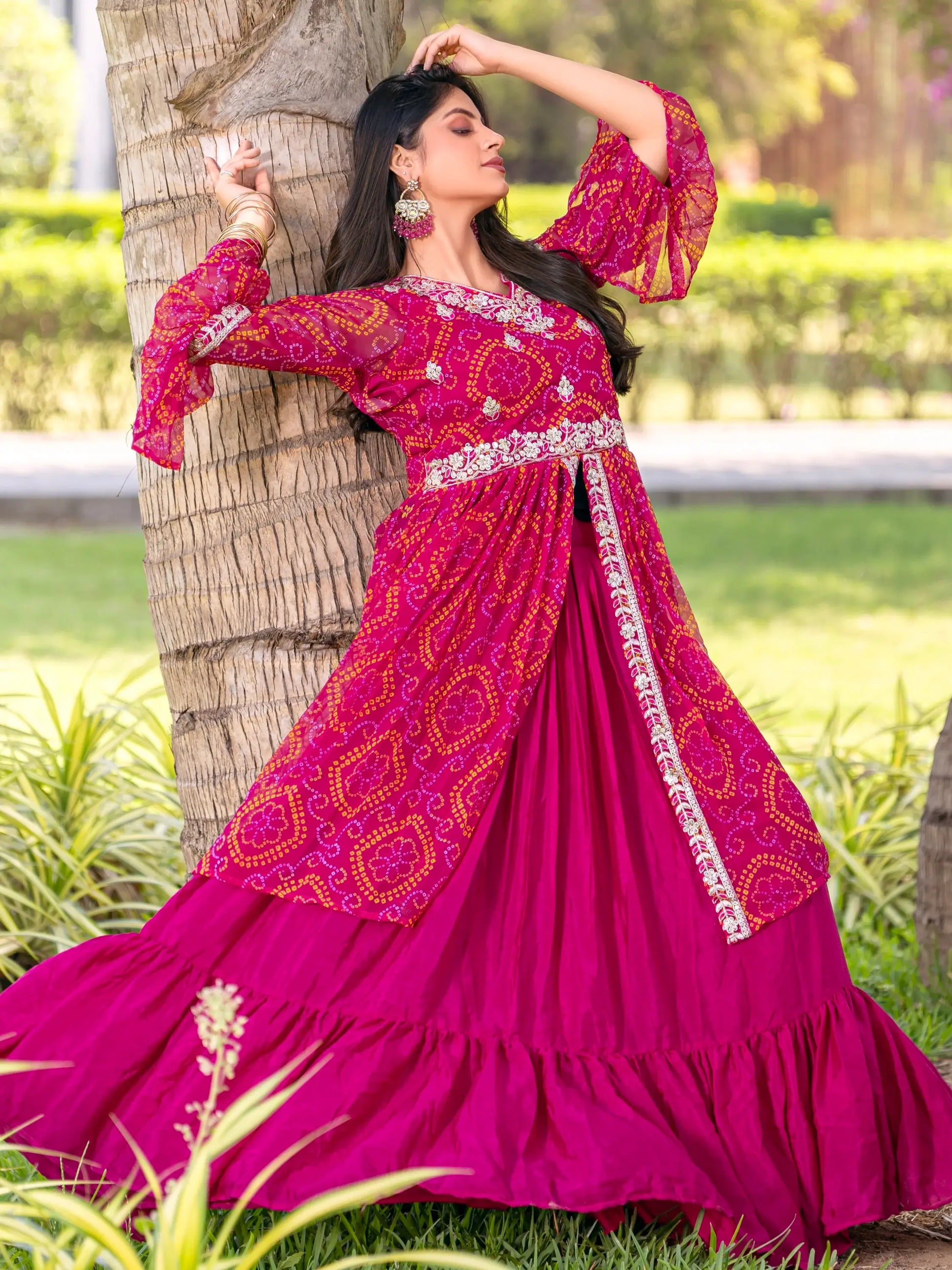Wonderful Pink Bandhni Print Georgette Traditional Lehenga With Long Top - Zeel Clothing
