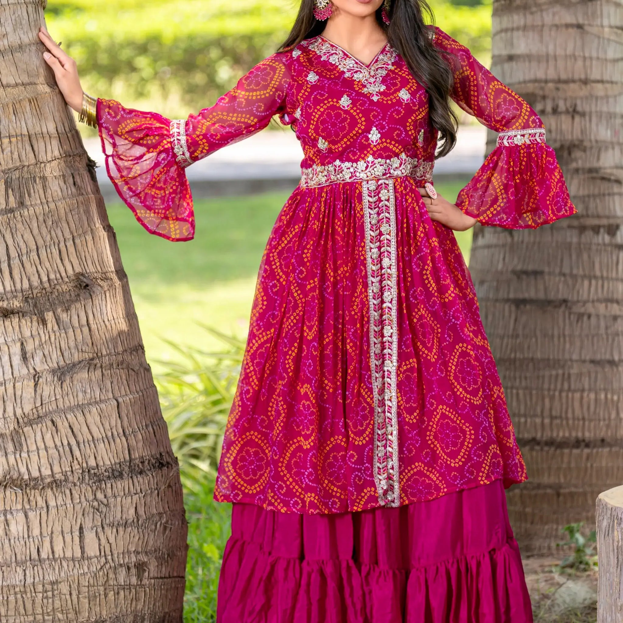 Wonderful Pink Bandhni Print Georgette Traditional Lehenga With Long Top - Zeel Clothing