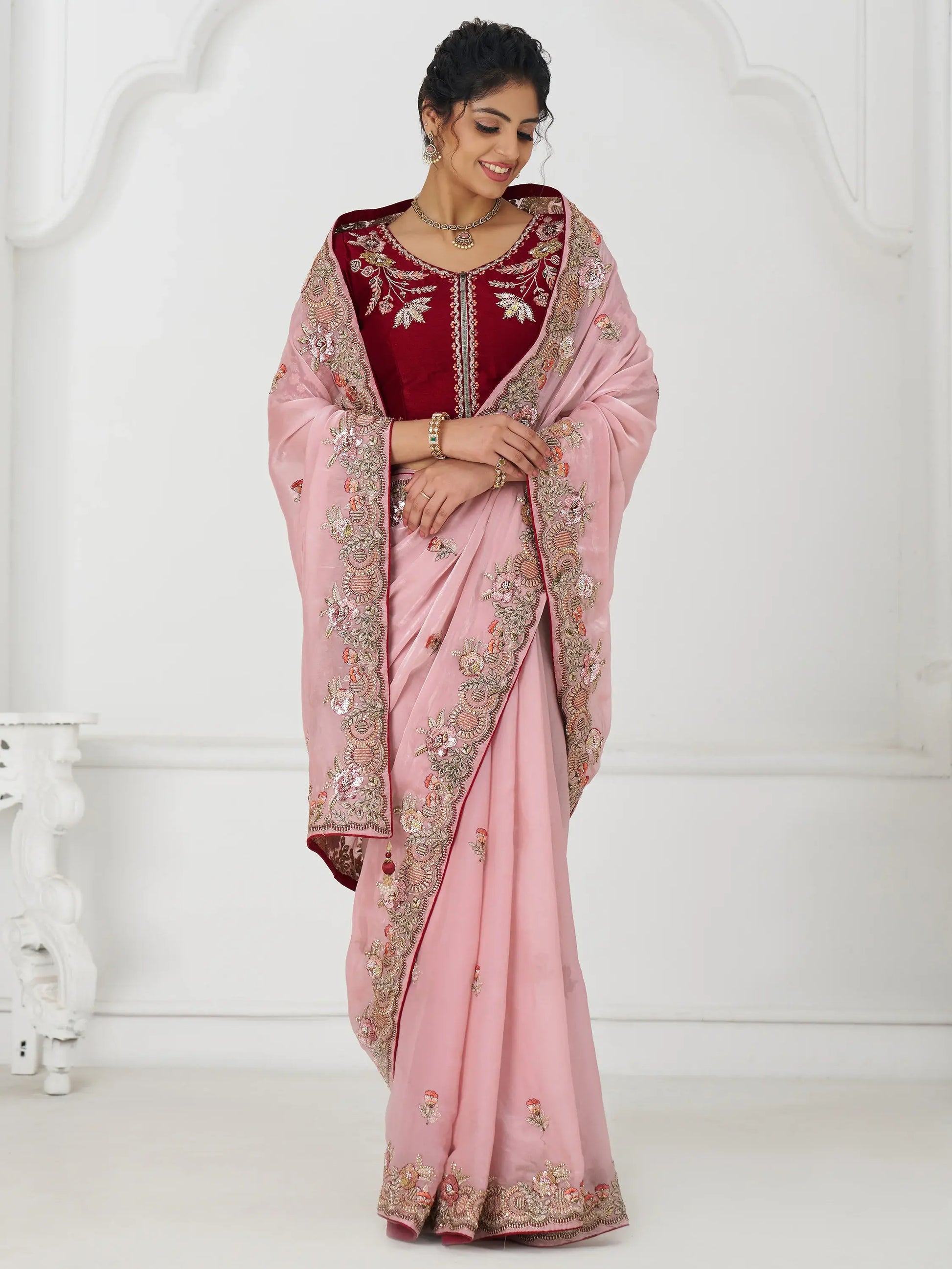 Wonderful Pink Border Work Dola Silk Wedding Saree With Blouse - Zeel Clothing
