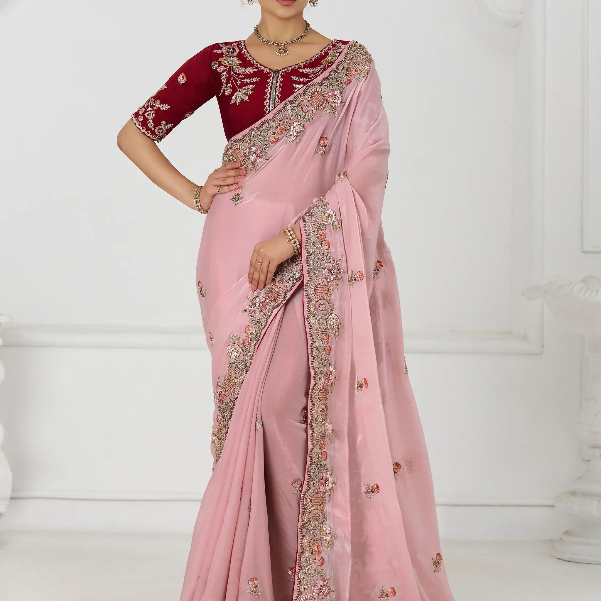 Wonderful Pink Border Work Dola Silk Wedding Saree With Blouse - Zeel Clothing