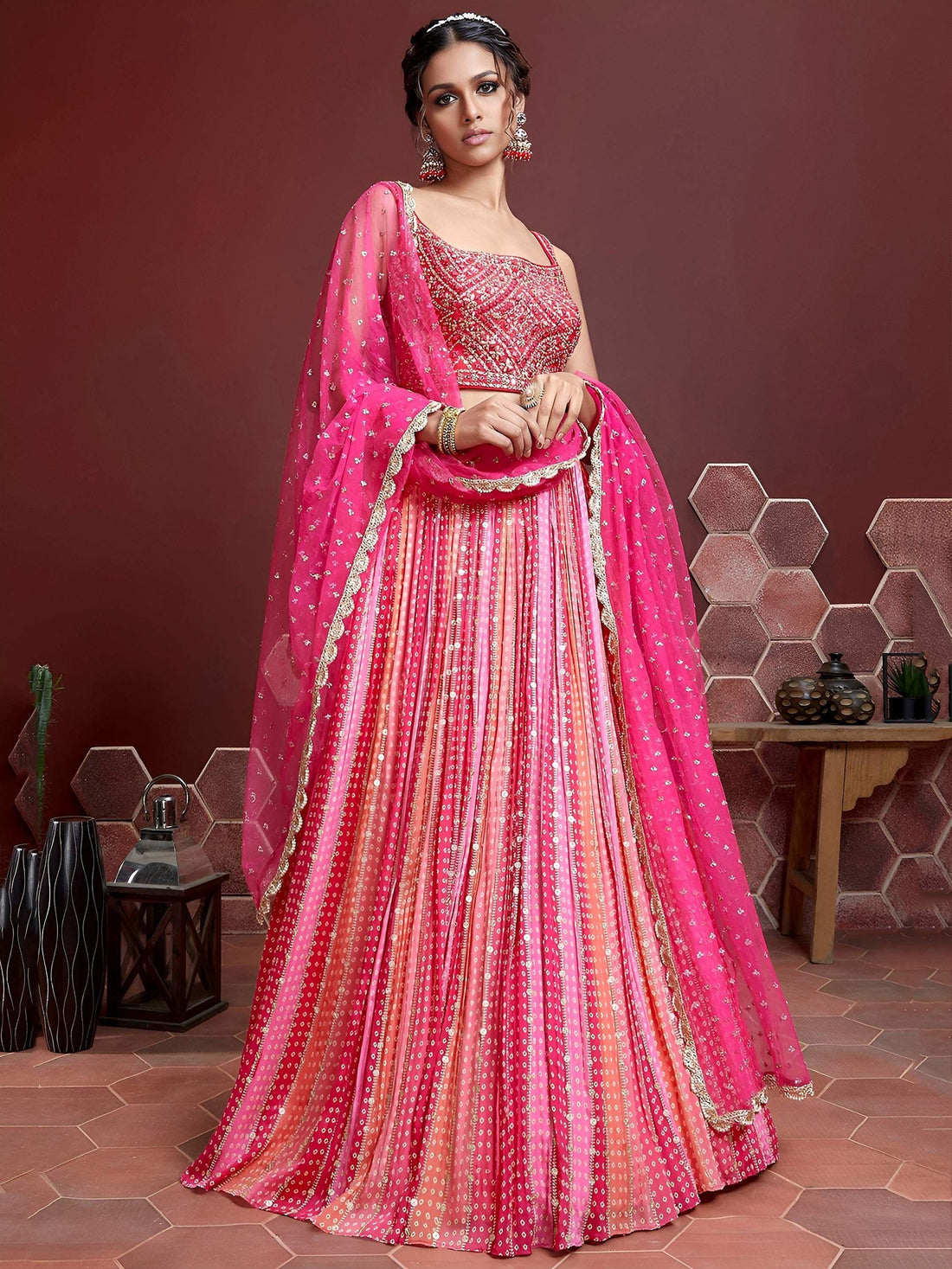 Wonderful Pink Embroidered Chinon Silk Wedding Wear Lehenga Choli