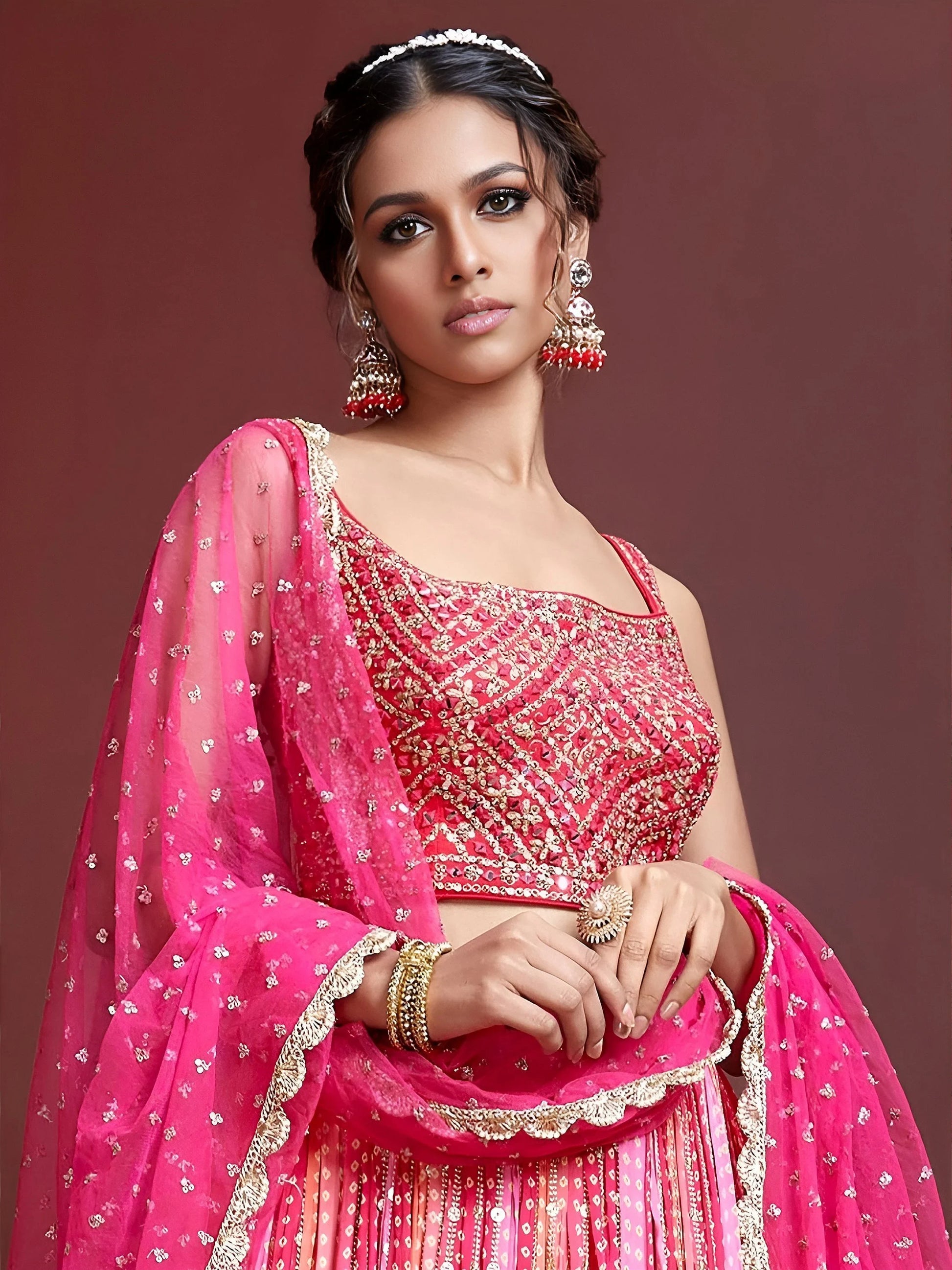 Wonderful Pink Embroidered Chinon Silk Wedding Wear Lehenga Choli