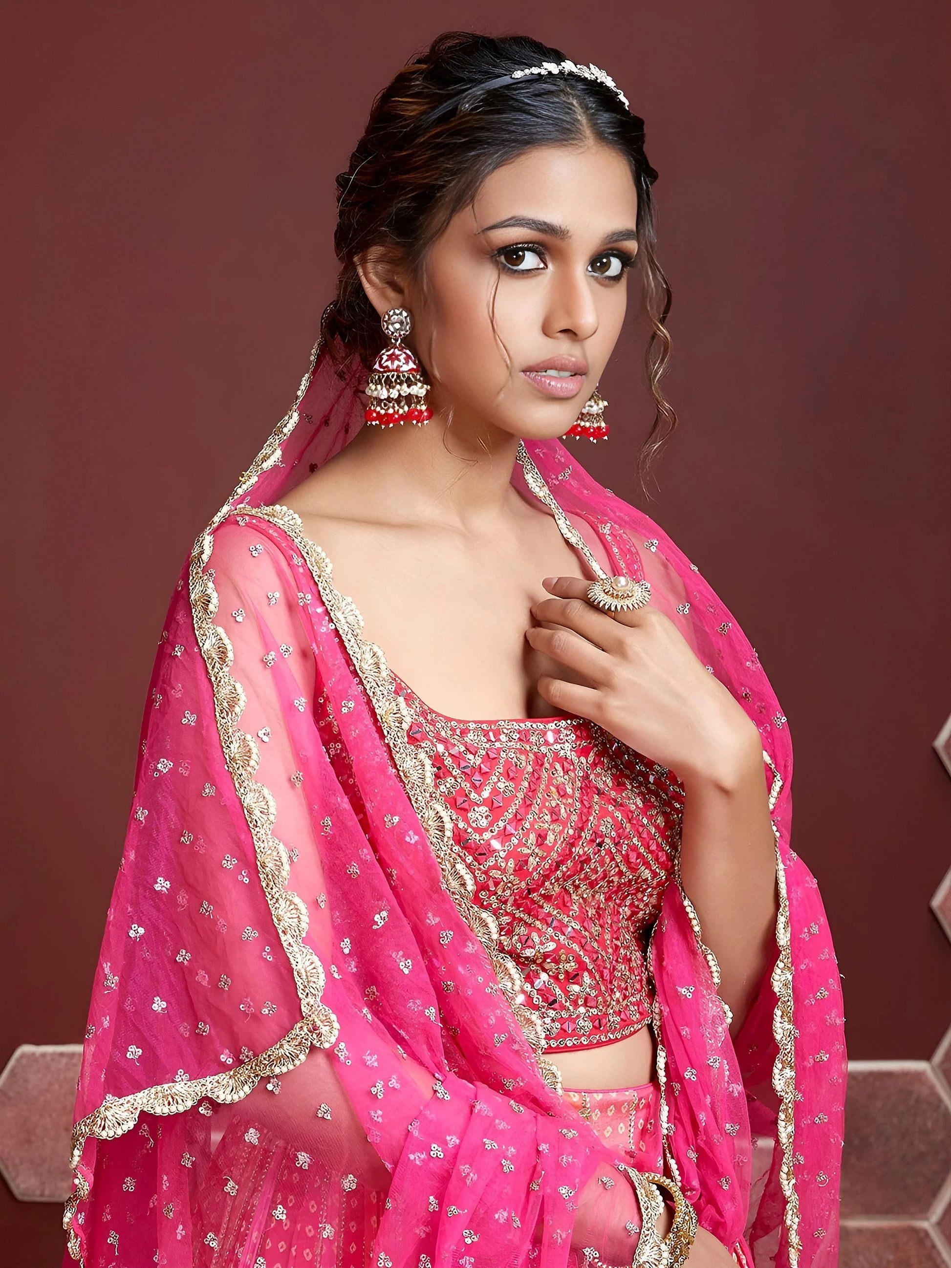 Wonderful Pink Embroidered Chinon Silk Wedding Wear Lehenga Choli